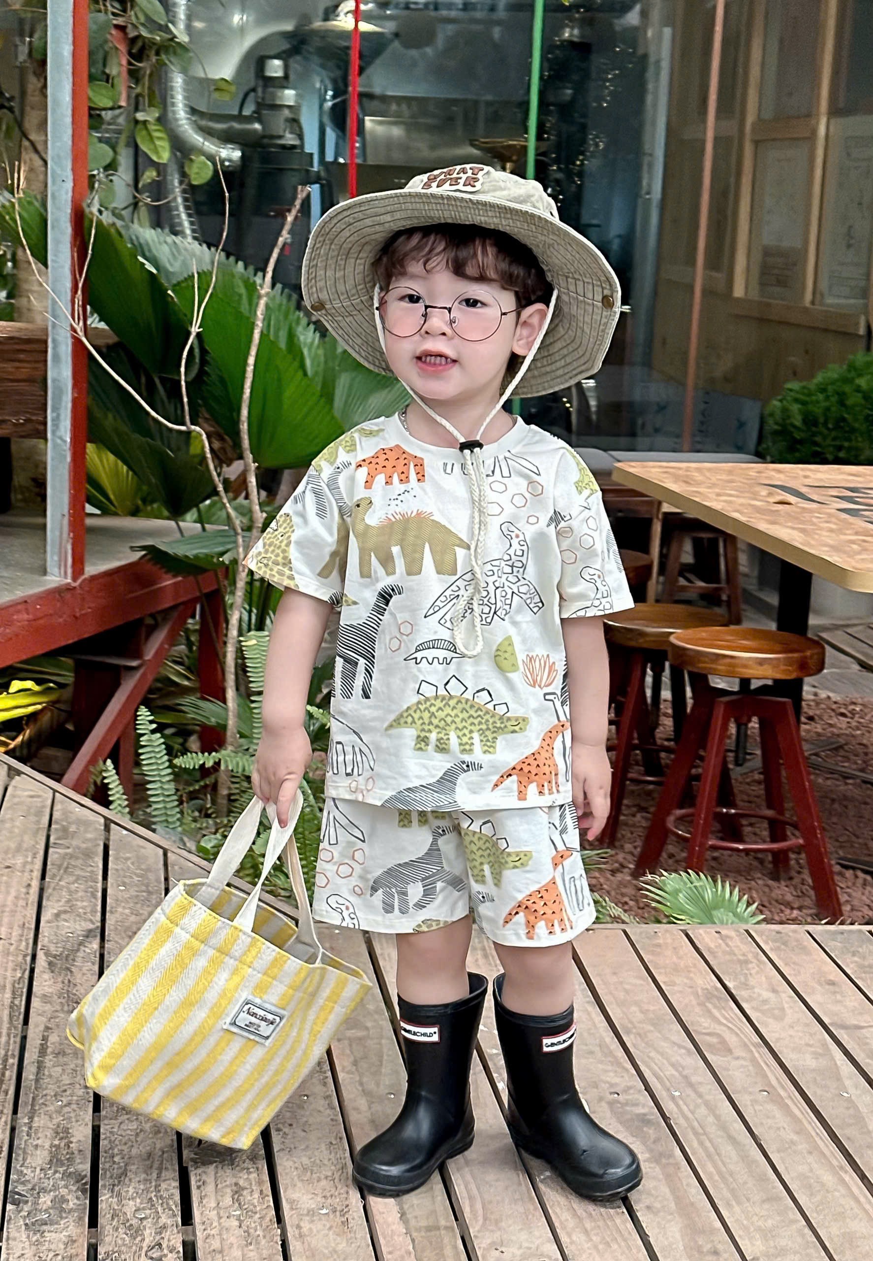 T207 - SET 3 BỘ ĐÙI BÉ TRAI KHỦNG LONG TRÀN xanh be kẻ