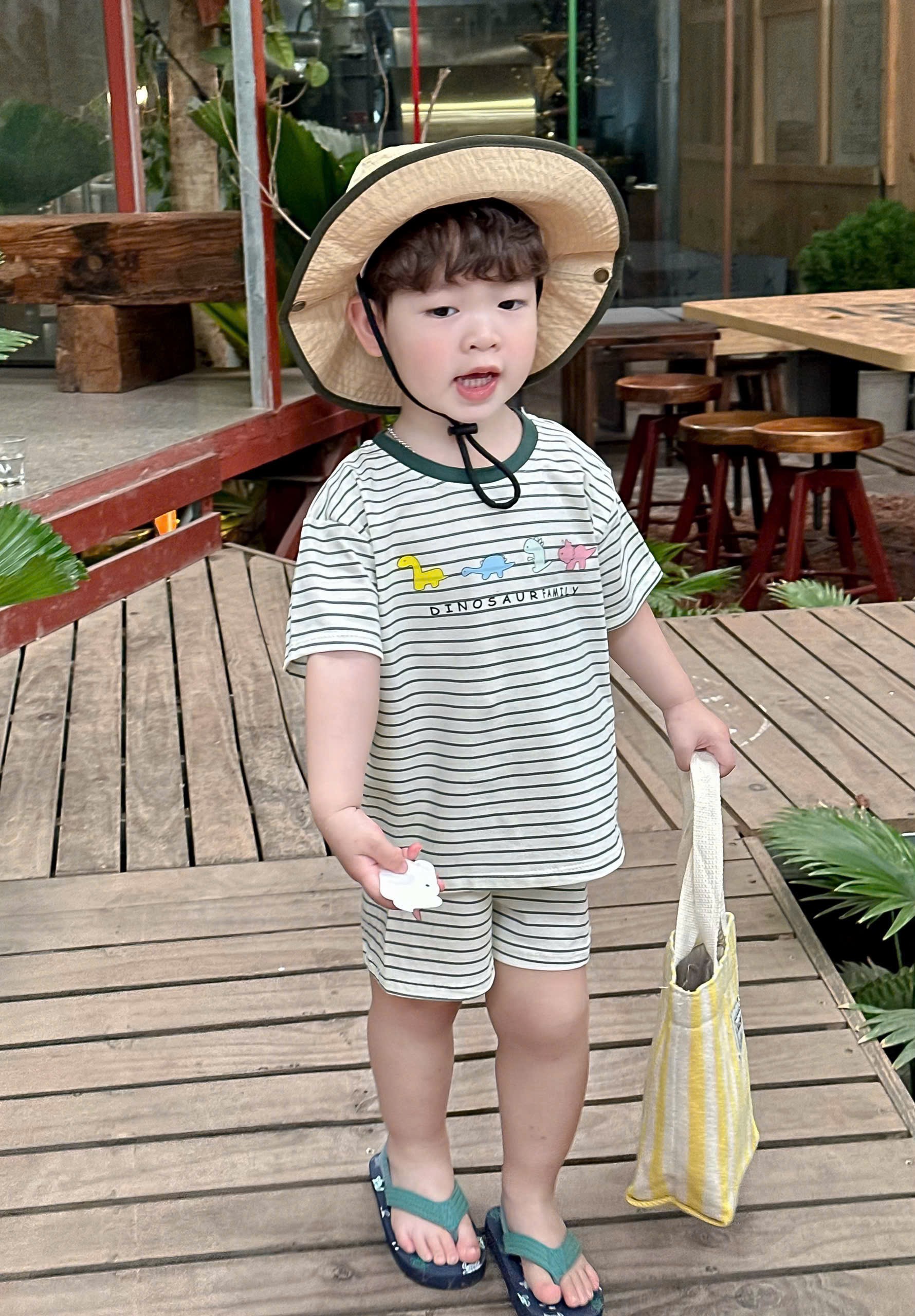 T207 - SET 3 BỘ ĐÙI BÉ TRAI KHỦNG LONG TRÀN xanh be kẻ