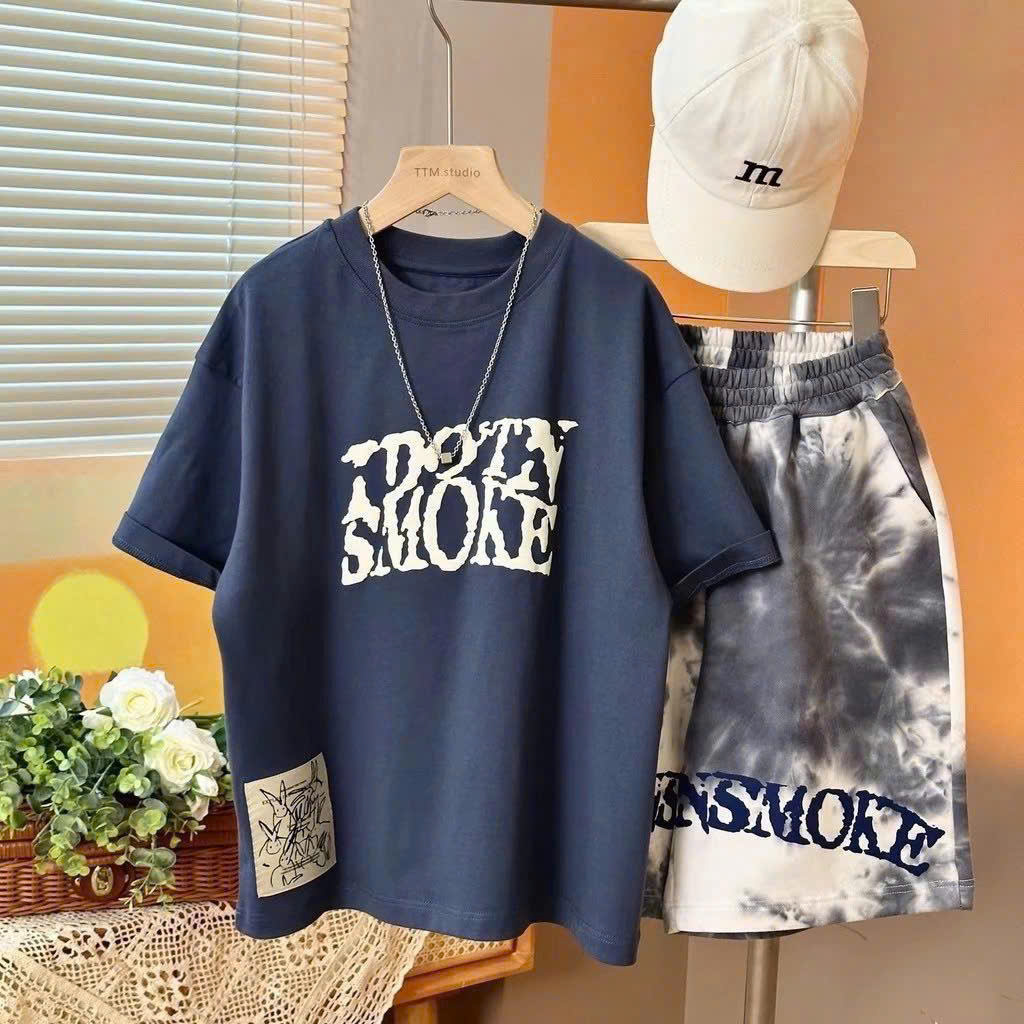 T210 - BỘ ĐÙI BÉ TRAI SIZE ĐẠI ÁO THAN SMOKE QUẦN LOANG