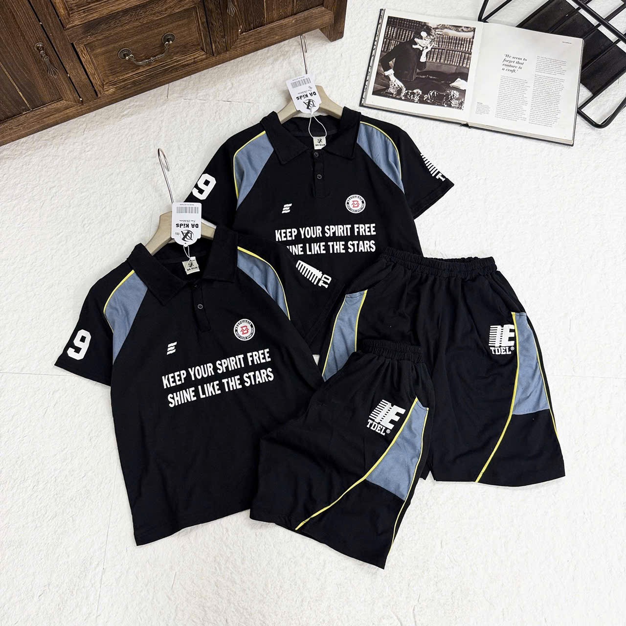 T211 - BỘ ĐÙI BÉ TRAI SIZE ĐẠI ÁO POLO ĐEN PHỐI XÁM KEEP