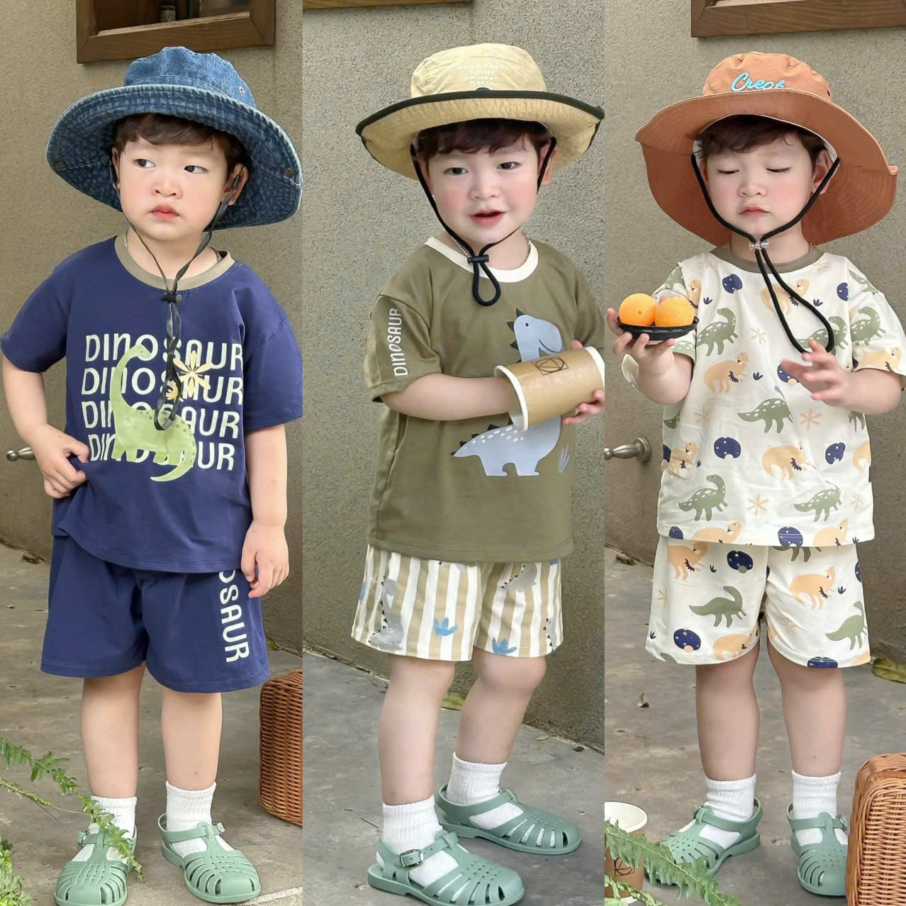 T212 - SET 3 BỘ ĐÙI BÉ TRAI KHỦNG LONG than rêu be
