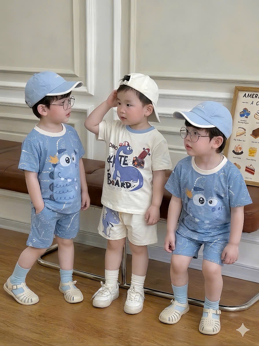 T224 - SET 2 BỘ ĐÙI BÉ TRAI KHỦNG LONG xanh dương trắng