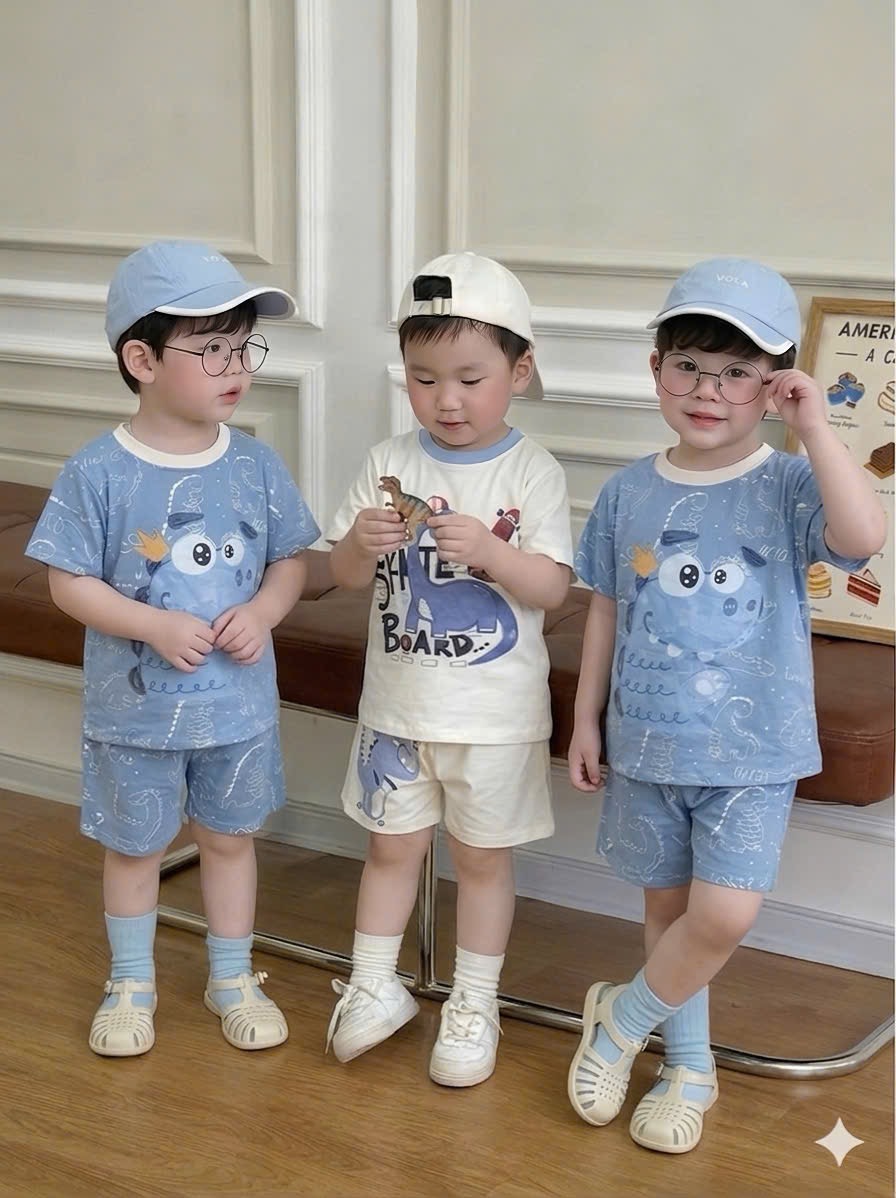 T224 - SET 2 BỘ ĐÙI BÉ TRAI KHỦNG LONG xanh dương trắng