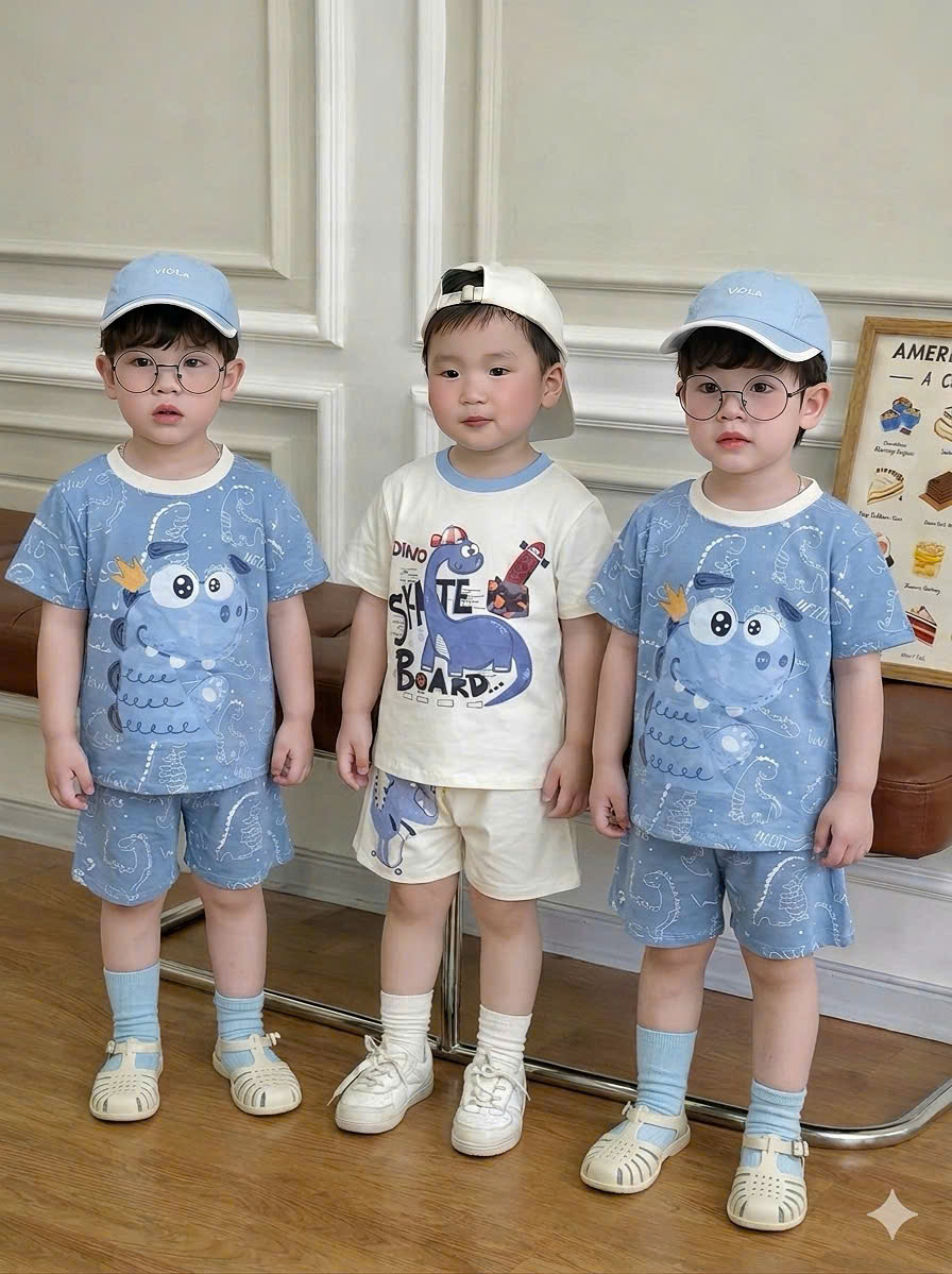 T224 - SET 2 BỘ ĐÙI BÉ TRAI KHỦNG LONG xanh dương trắng