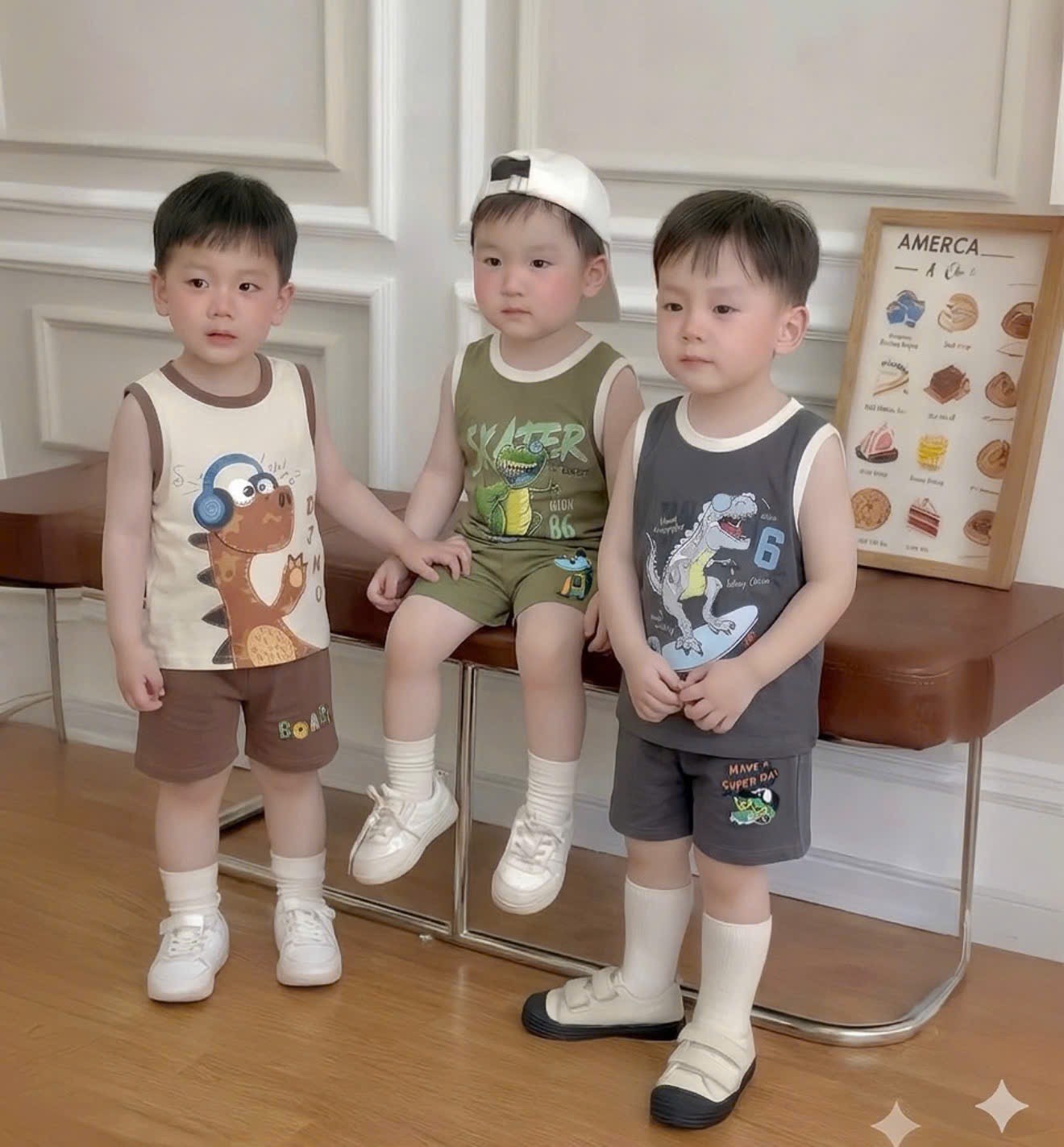 T225 - SET 3 BỘ ĐÙI BÉ TRAI BA LỖ KHỦNG LONG xám rêu be