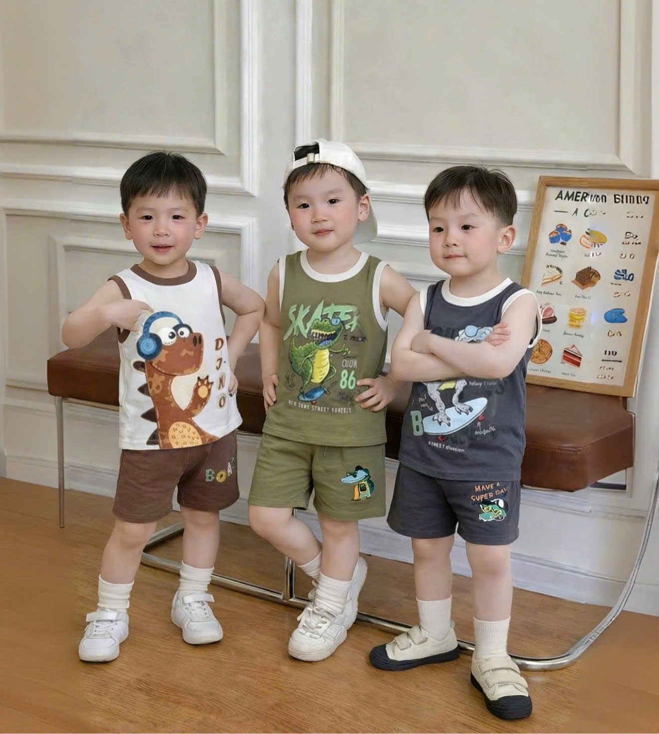 T225 - SET 3 BỘ ĐÙI BÉ TRAI BA LỖ KHỦNG LONG xám rêu be