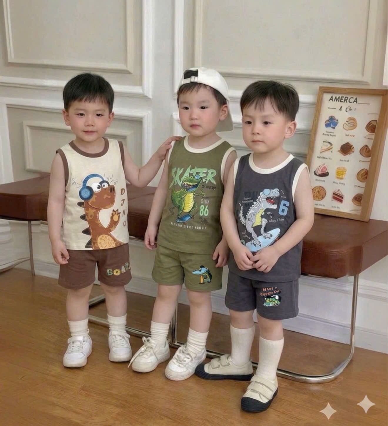 T225 - SET 3 BỘ ĐÙI BÉ TRAI BA LỖ KHỦNG LONG xám rêu be