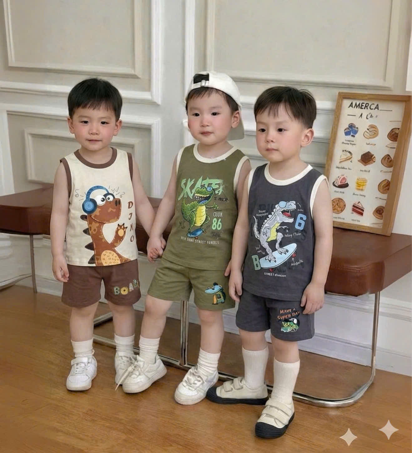 T225 - SET 3 BỘ ĐÙI BÉ TRAI BA LỖ KHỦNG LONG xám rêu be