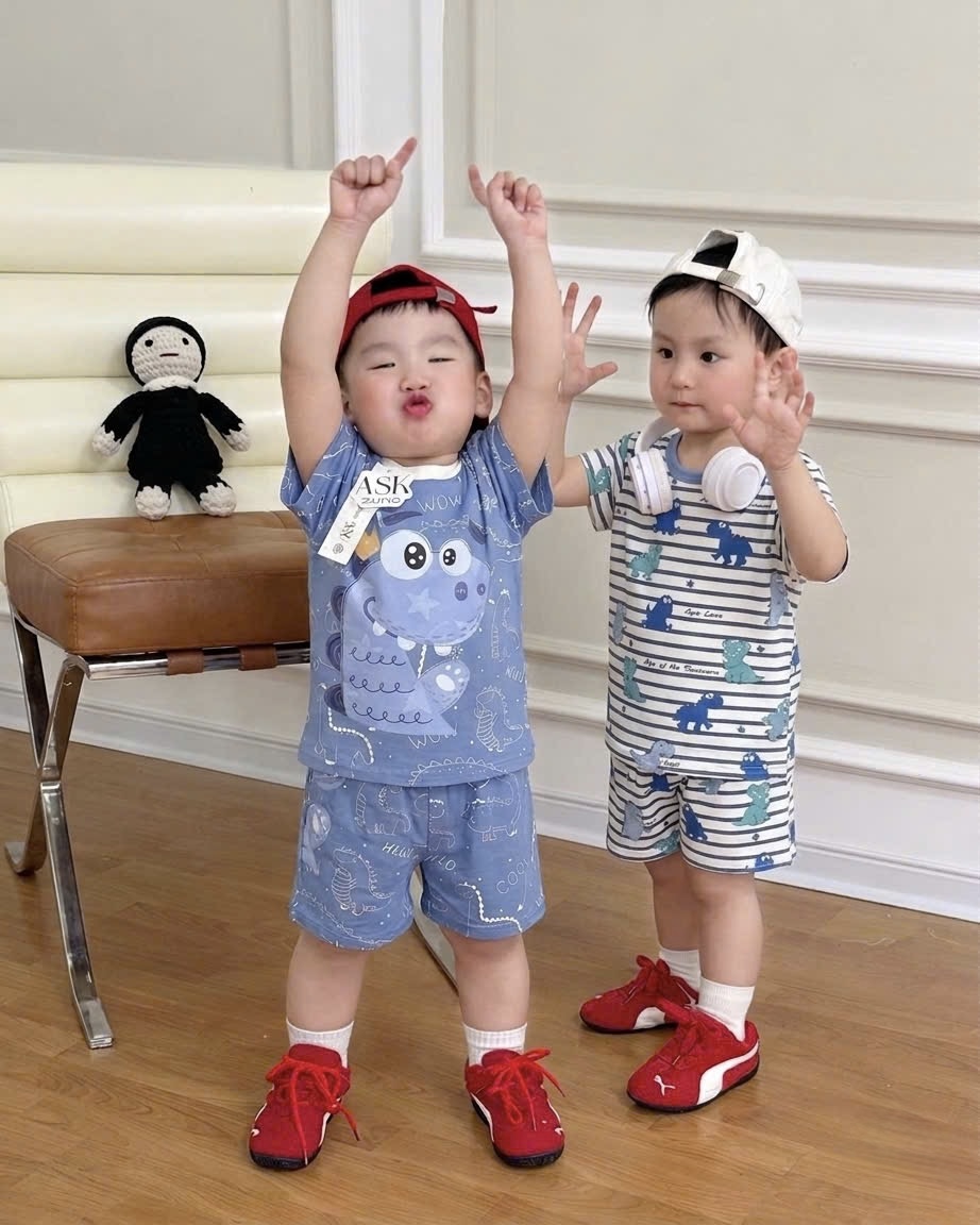 T227 - SET 2 BỘ ĐÙI BÉ TRAI KHỦNG LONG xanh dương kẻ