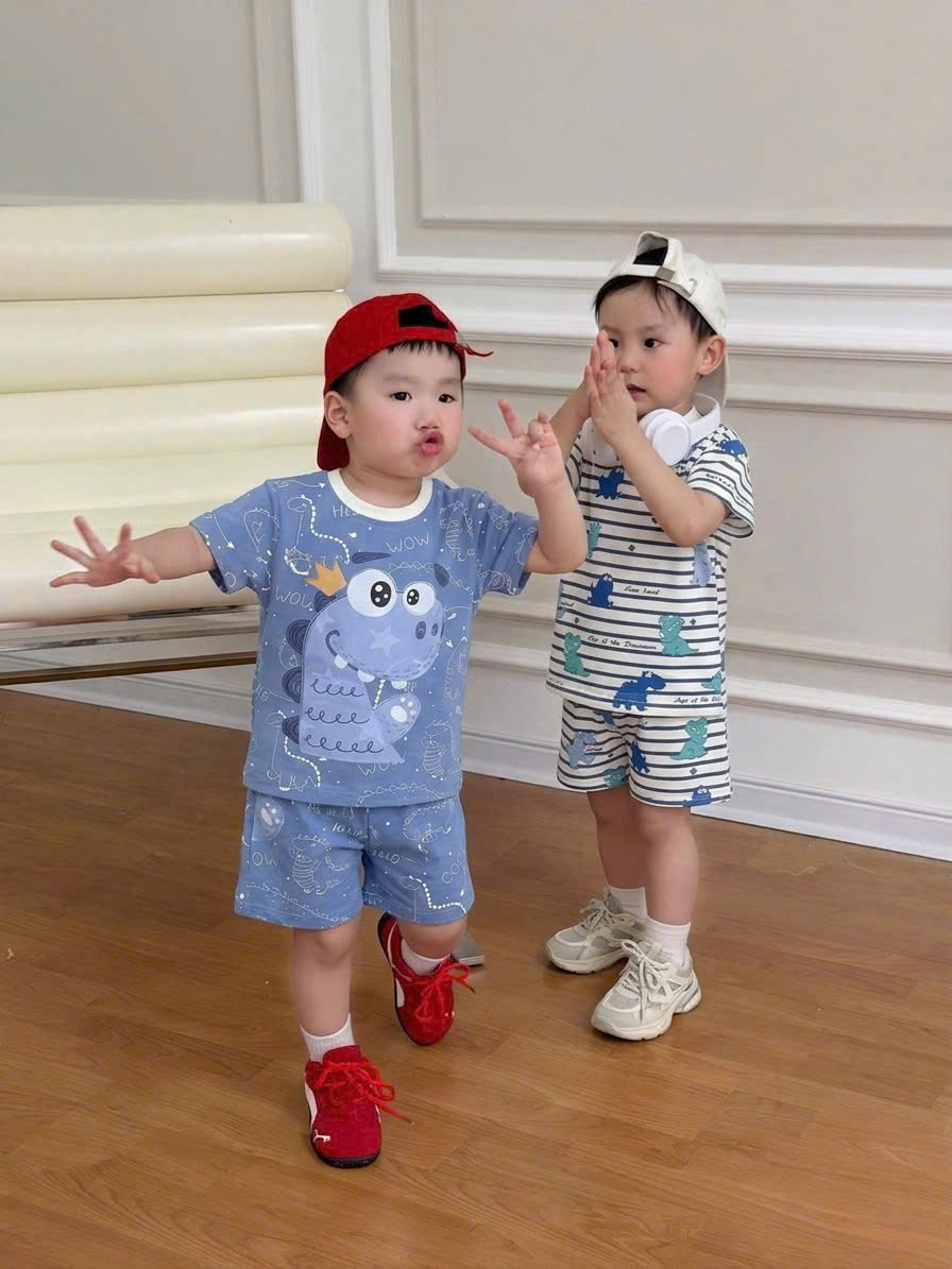 T227 - SET 2 BỘ ĐÙI BÉ TRAI KHỦNG LONG xanh dương kẻ