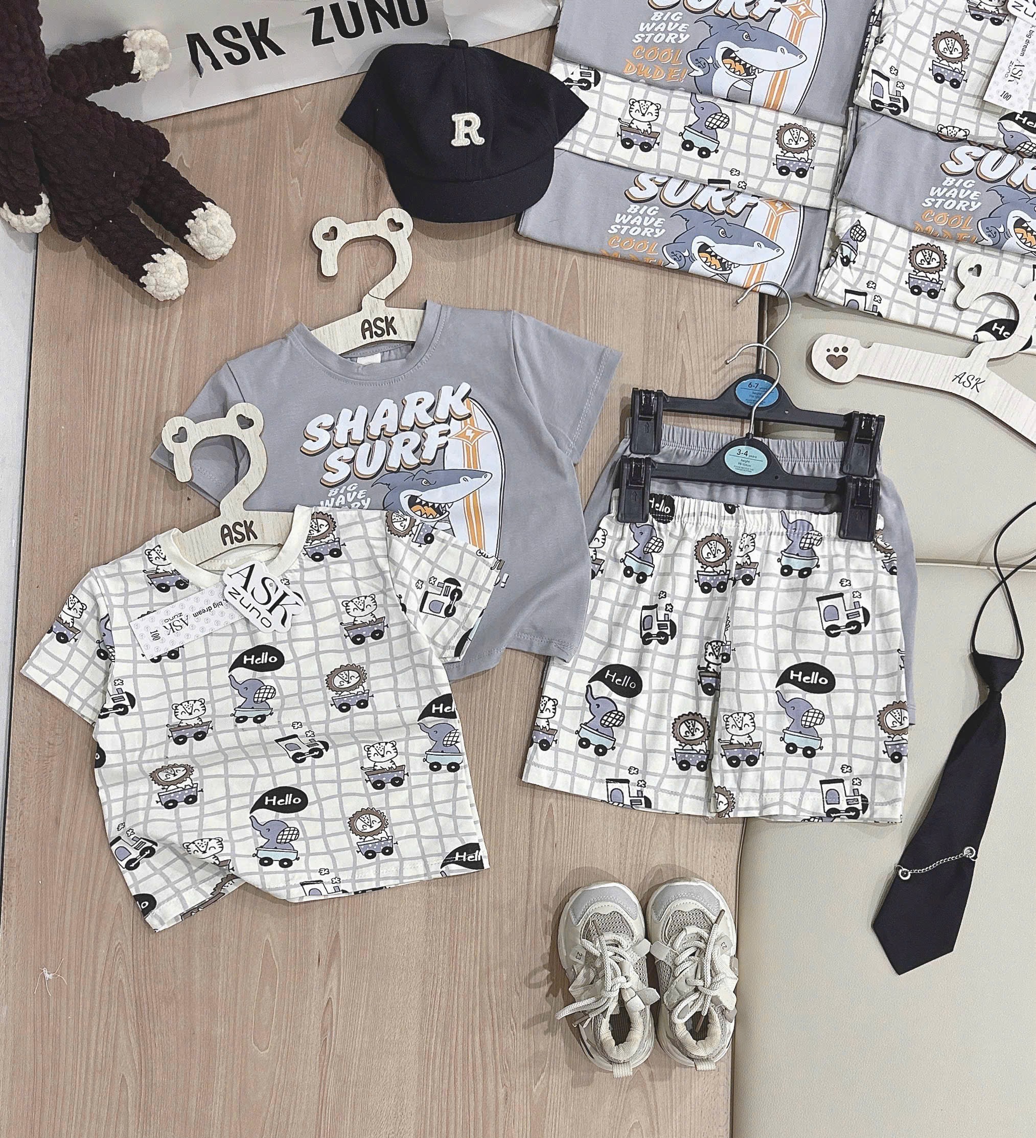 T236 - SET 2 BỘ ĐÙI BÉ TRAI OTO SHARK SURF xám