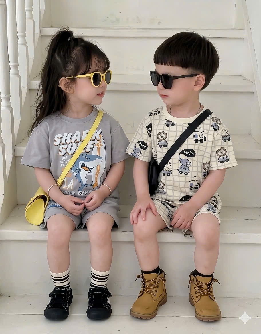 T236 - SET 2 BỘ ĐÙI BÉ TRAI OTO SHARK SURF xám