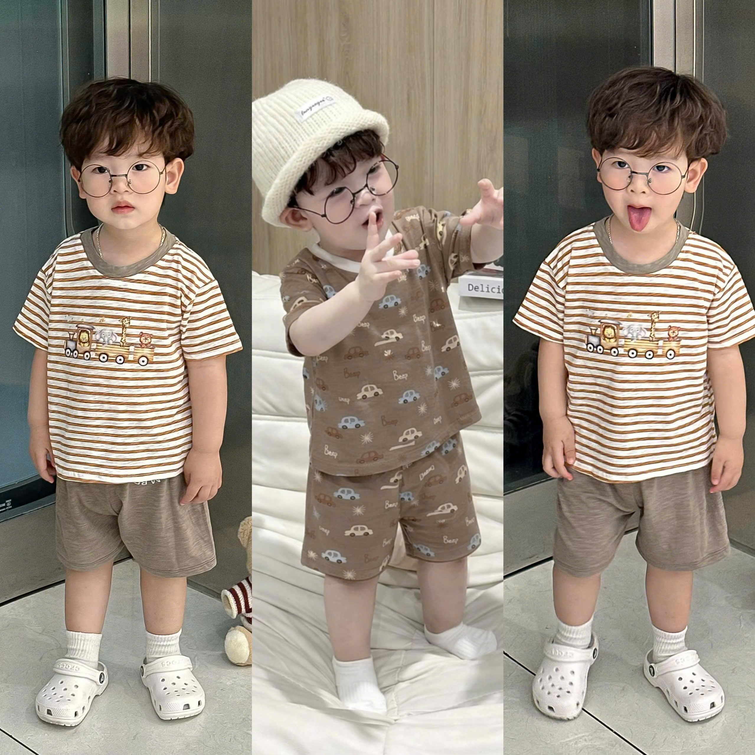 T239 - SET 2 BỘ ĐÙI BÉ TRAI XƯỢC OTO nâu kẻ