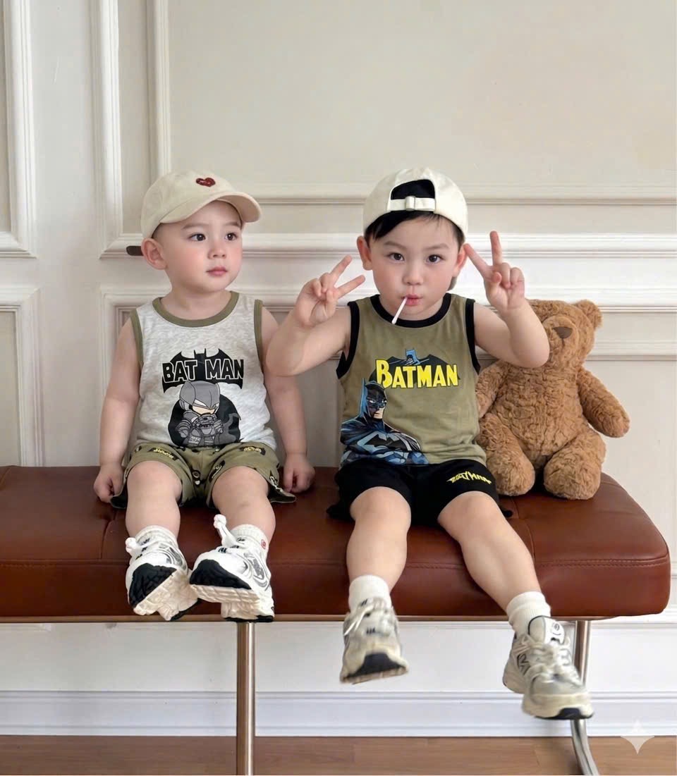 T249 - SET 2 BỘ ĐÙI BÉ TRAI BA LỖ BATMAN rêu xám