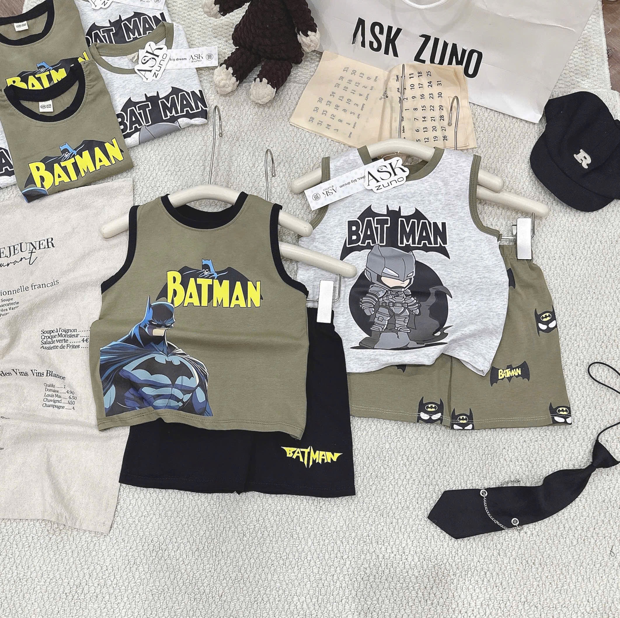 T249 - SET 2 BỘ ĐÙI BÉ TRAI BA LỖ BATMAN rêu xám