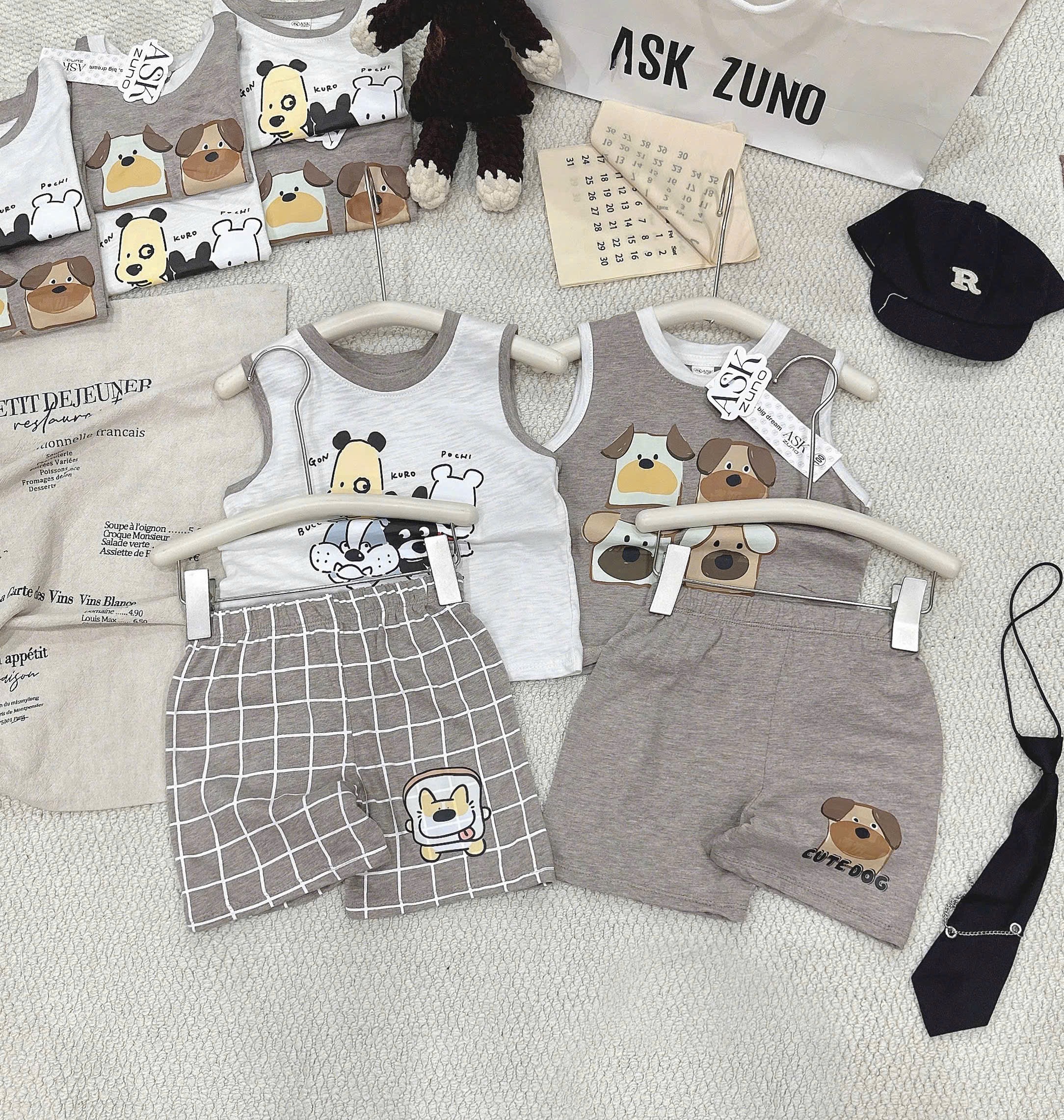 T254 - SET 2 BỘ ĐÙI BÉ TRAI XƯỢC BA LỖ CUTE DOG nâu xám