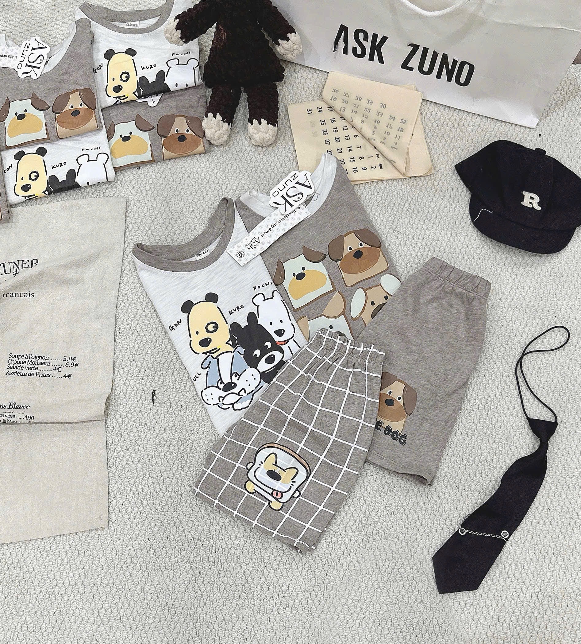 T254 - SET 2 BỘ ĐÙI BÉ TRAI XƯỢC BA LỖ CUTE DOG nâu xám