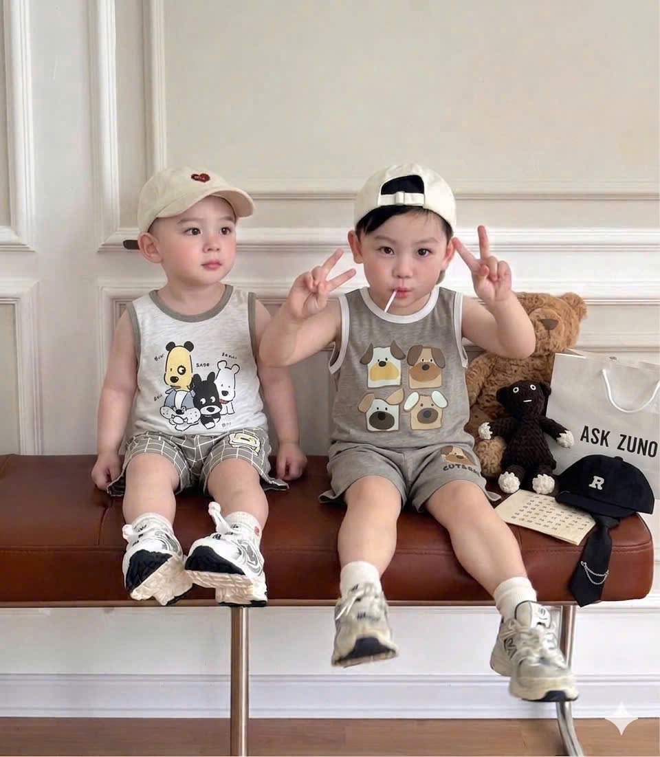 T254 - SET 2 BỘ ĐÙI BÉ TRAI XƯỢC BA LỖ CUTE DOG nâu xám