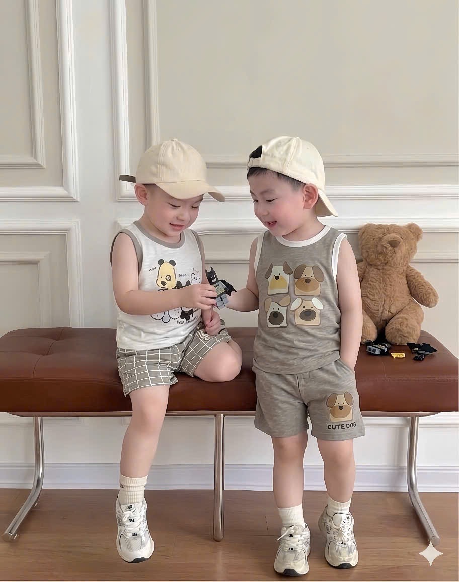 T254 - SET 2 BỘ ĐÙI BÉ TRAI XƯỢC BA LỖ CUTE DOG nâu xám