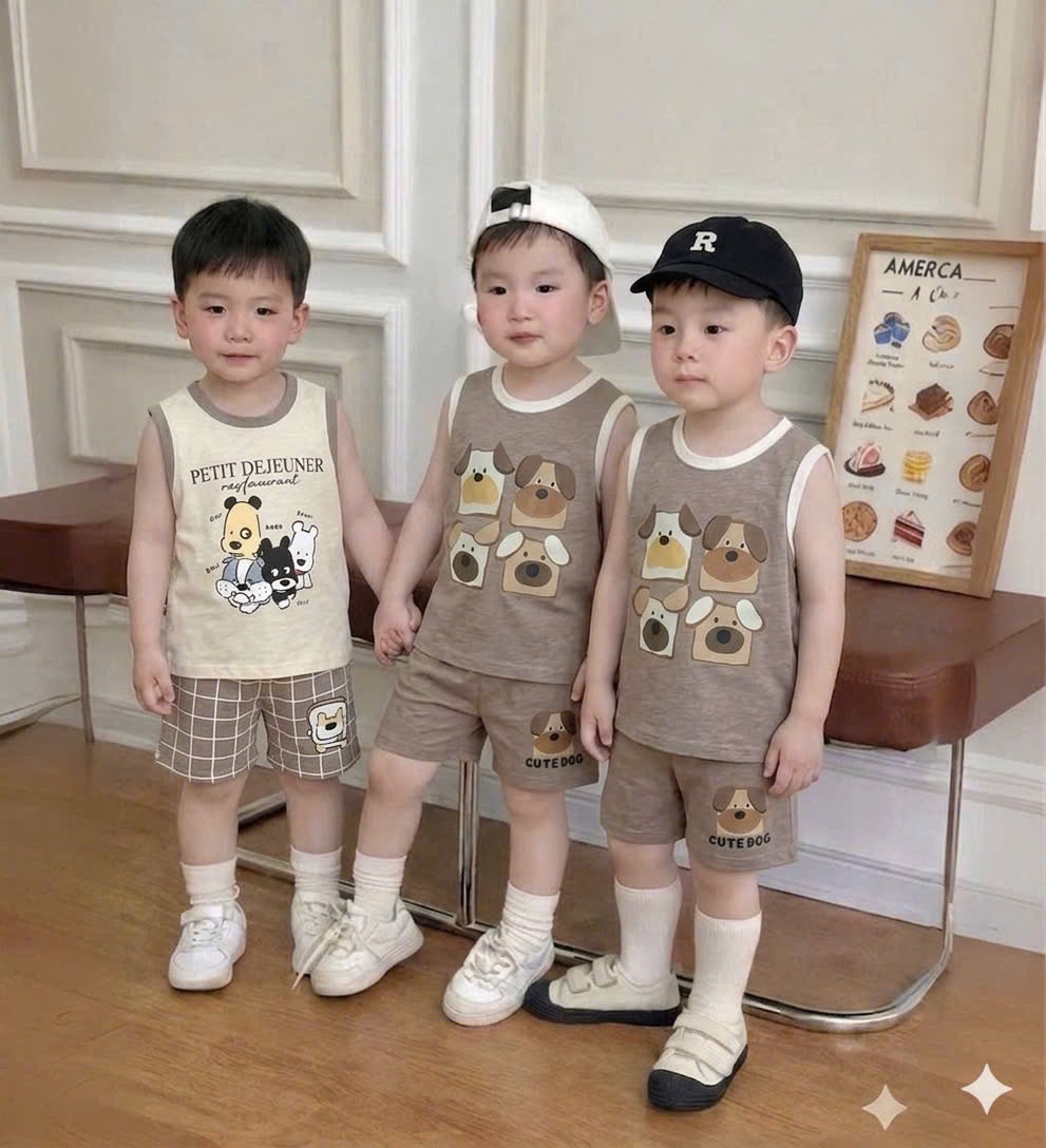T254 - SET 2 BỘ ĐÙI BÉ TRAI XƯỢC BA LỖ CUTE DOG nâu xám