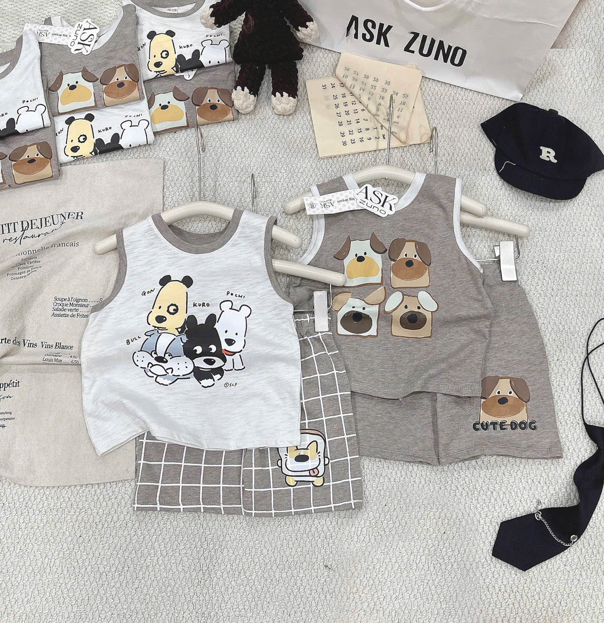 T254 - SET 2 BỘ ĐÙI BÉ TRAI XƯỢC BA LỖ CUTE DOG nâu xám