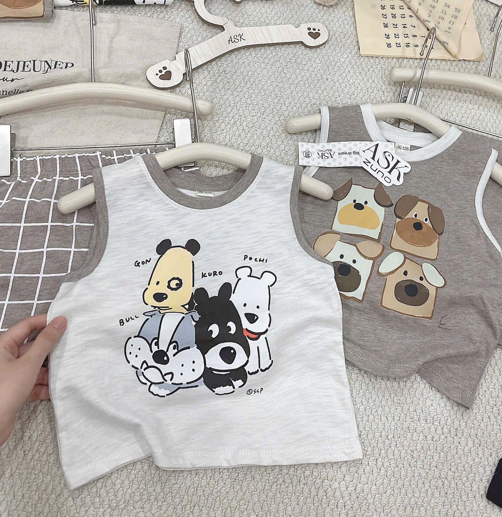 T254 - SET 2 BỘ ĐÙI BÉ TRAI XƯỢC BA LỖ CUTE DOG nâu xám