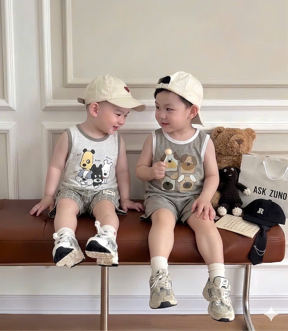 T254 - SET 2 BỘ ĐÙI BÉ TRAI XƯỢC BA LỖ CUTE DOG nâu xám