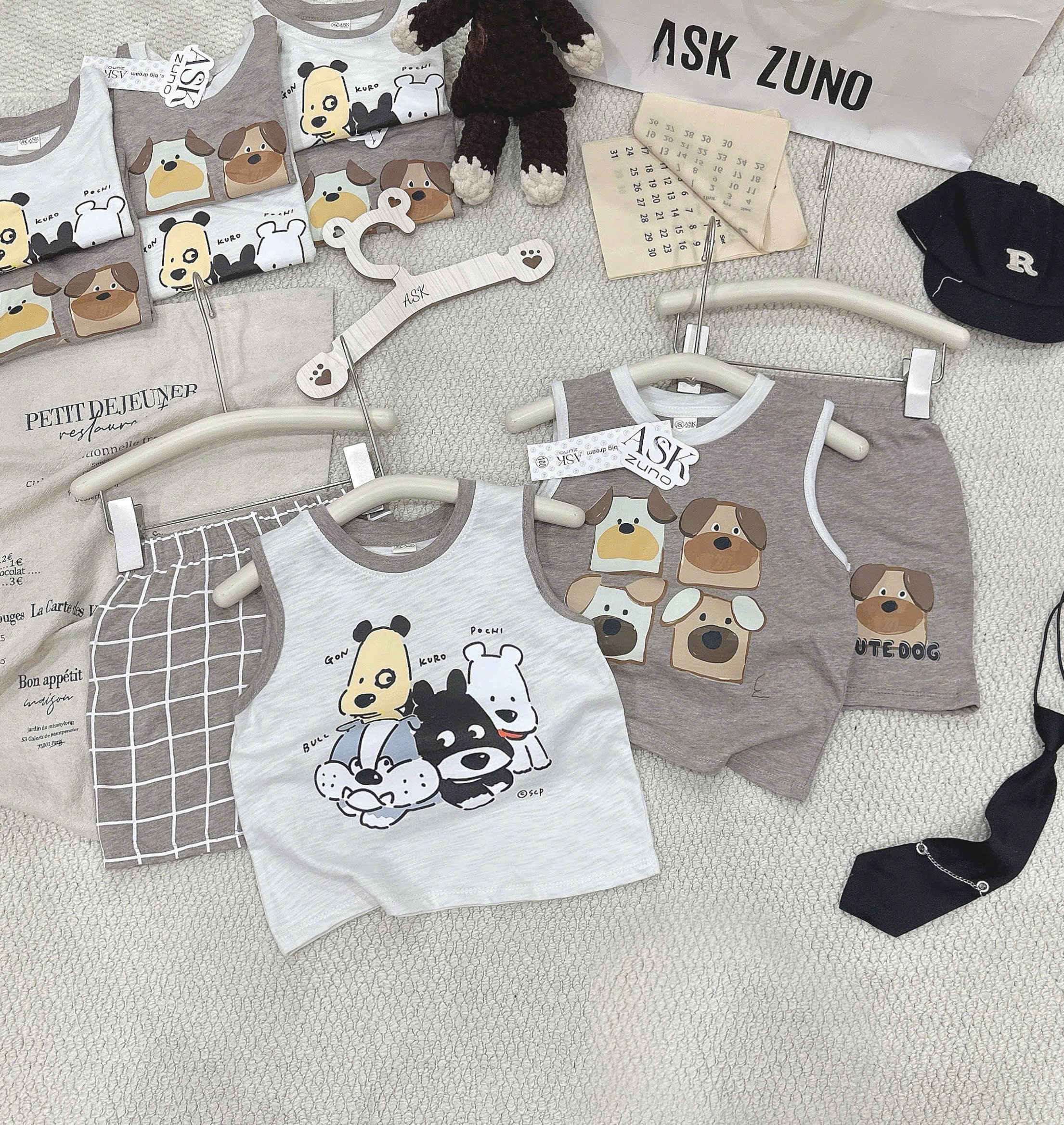 T254 - SET 2 BỘ ĐÙI BÉ TRAI XƯỢC BA LỖ CUTE DOG nâu xám