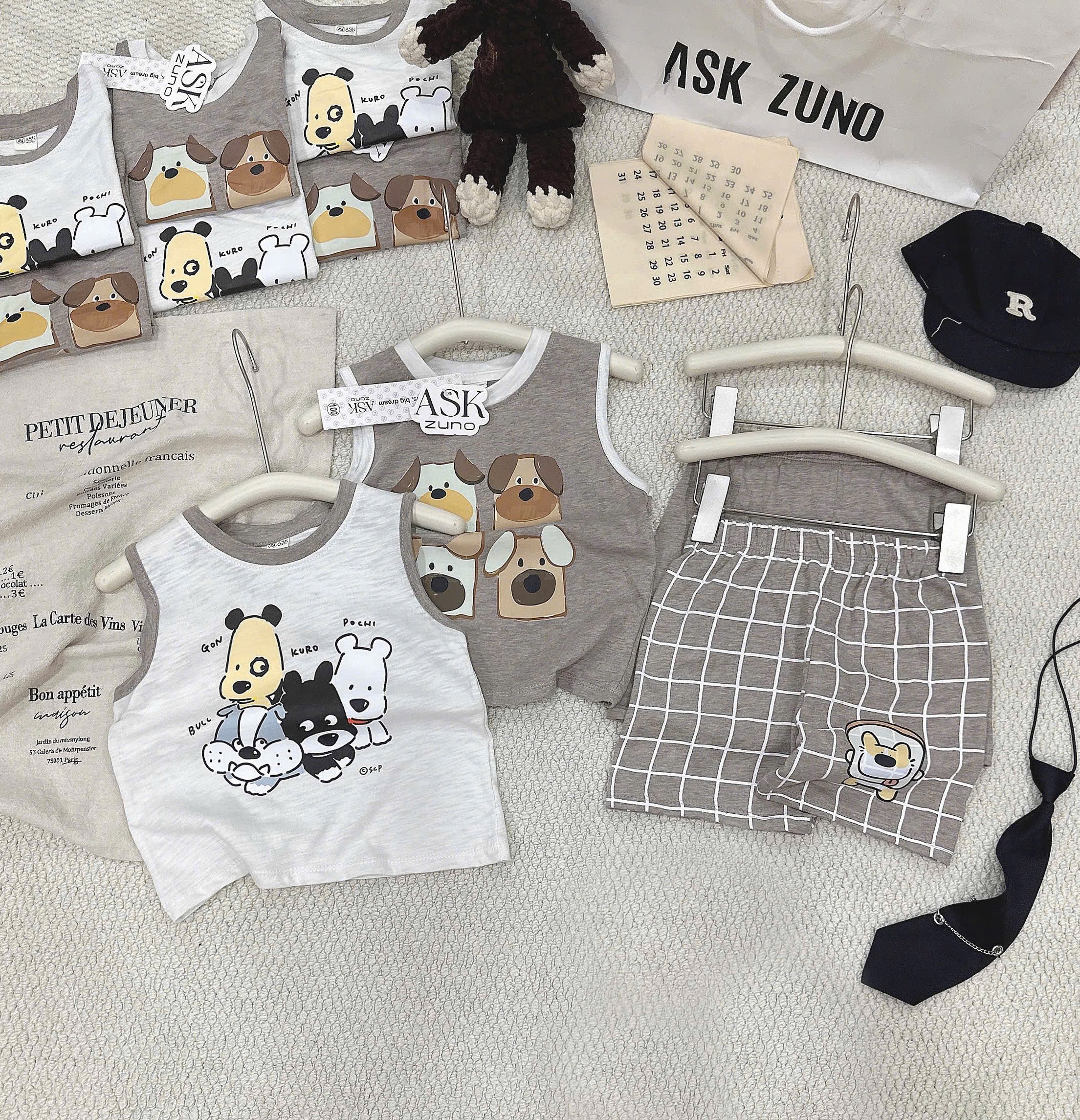 T254 - SET 2 BỘ ĐÙI BÉ TRAI XƯỢC BA LỖ CUTE DOG nâu xám