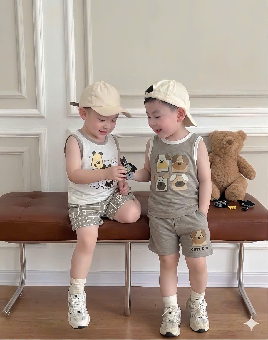 T254 - SET 2 BỘ ĐÙI BÉ TRAI XƯỢC BA LỖ CUTE DOG nâu xám