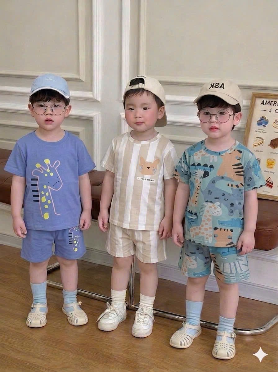 T259 - SET 3 BỘ ĐÙI BÉ TRAI SIZE NHỠ ĐỘNG VẬT XANH XÁM KẺ
