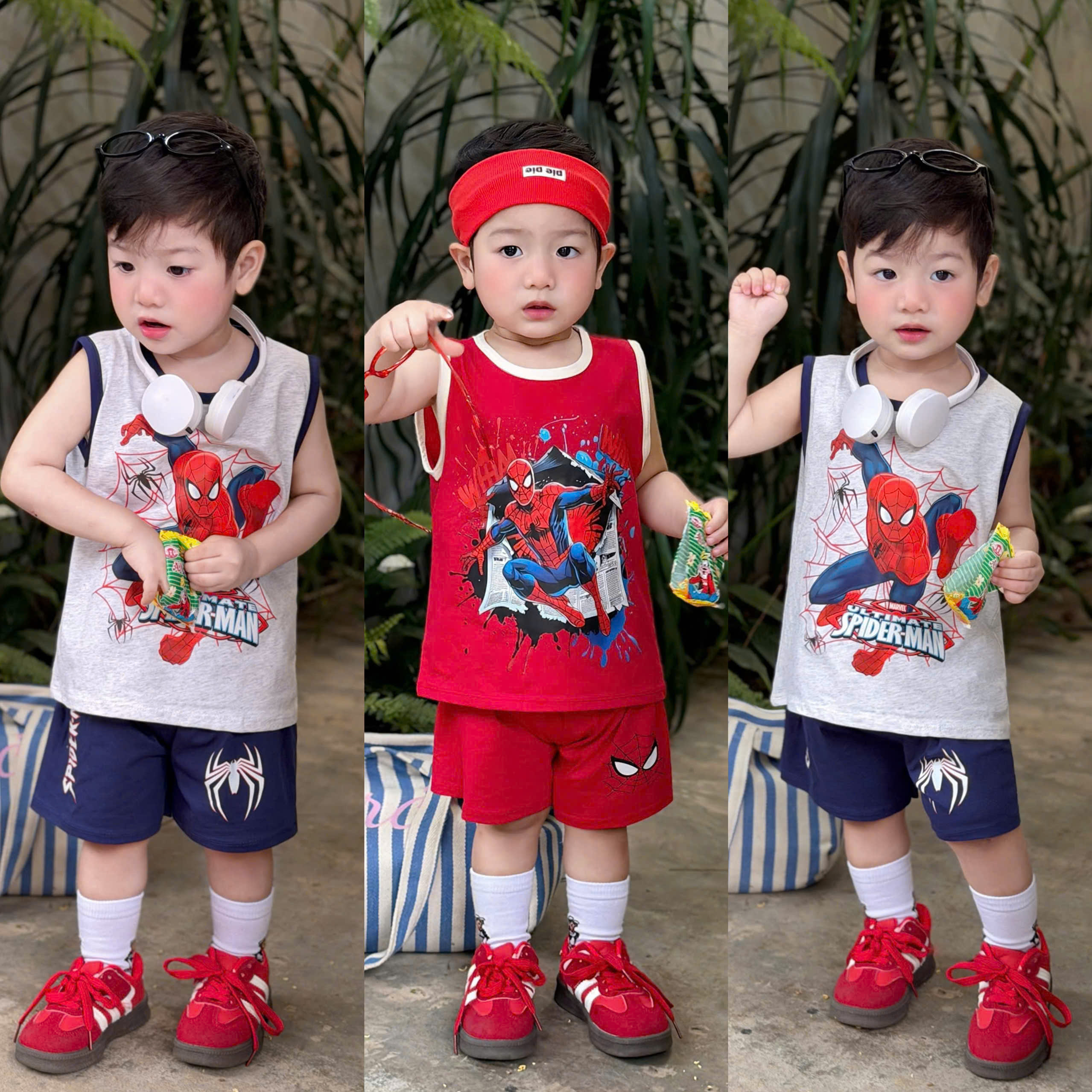 T263 - SET 2 BỘ ĐÙI BÉ TRAI BA LỖ SPIDERMAN đỏ xám