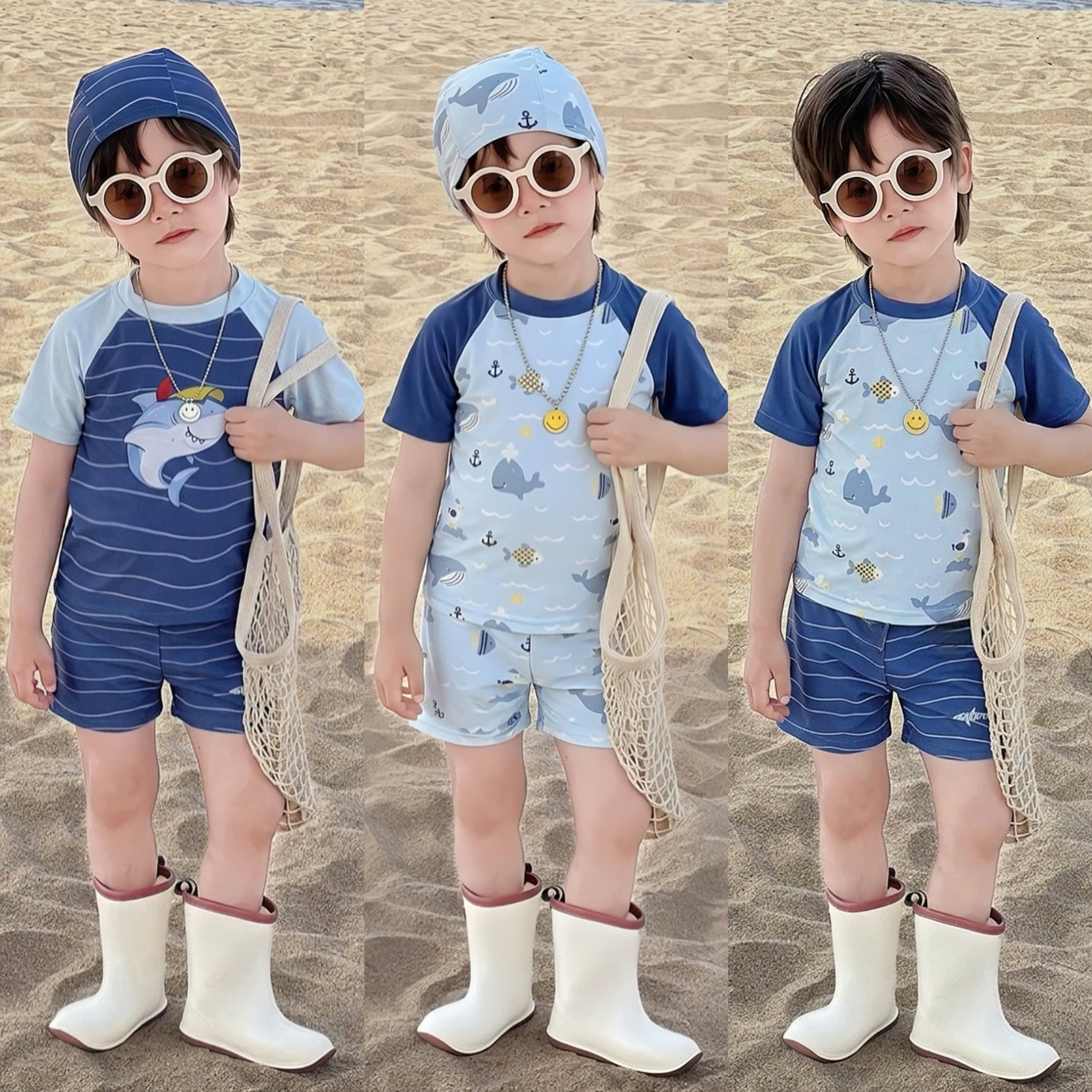 T265 - BỘ BƠI BÉ TRAI CÁ MẬP XANH DƯƠNG KÈM MŨ