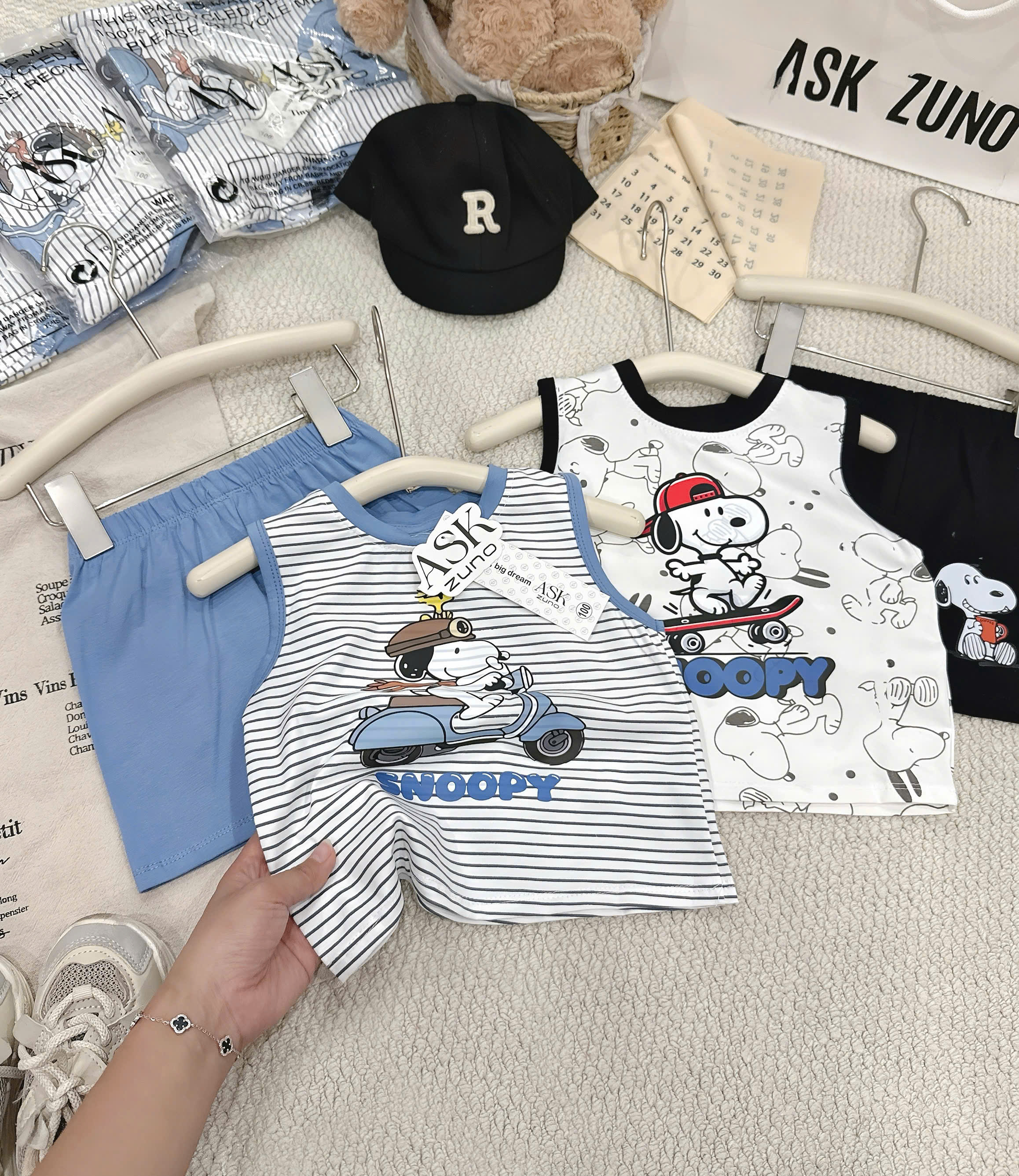 T268 - SET 2 BỘ ĐÙI BÉ TRAI BA LỖ SNOOPY kẻ trắng