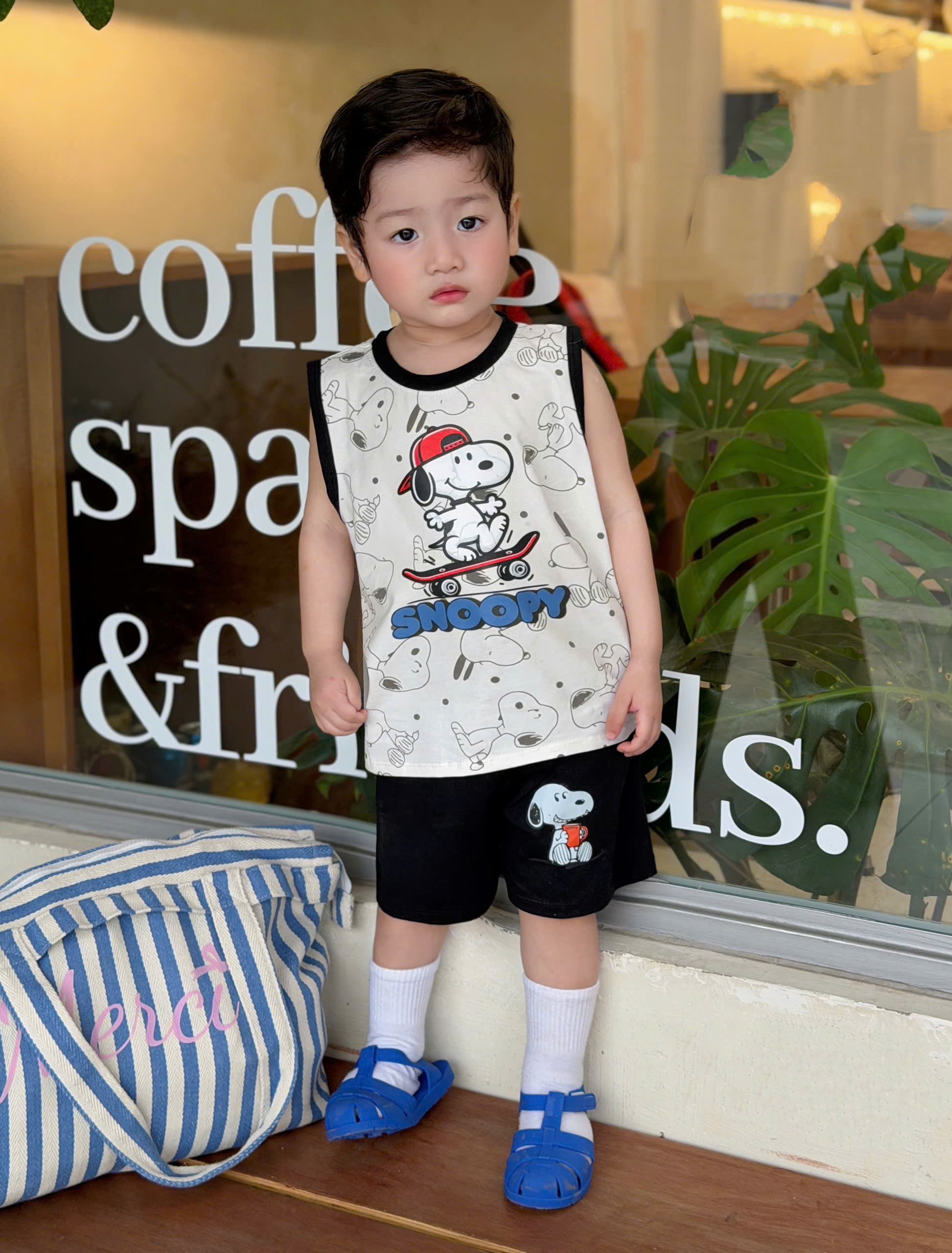 T268 - SET 2 BỘ ĐÙI BÉ TRAI BA LỖ SNOOPY kẻ trắng
