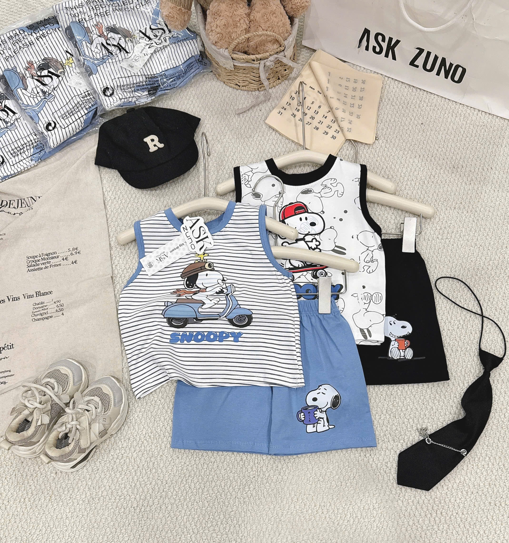 T268 - SET 2 BỘ ĐÙI BÉ TRAI BA LỖ SNOOPY kẻ trắng