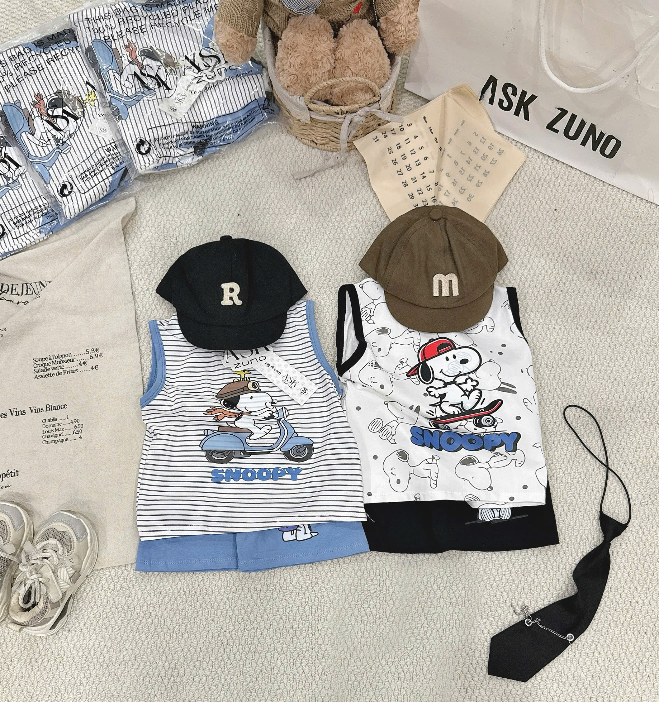 T268 - SET 2 BỘ ĐÙI BÉ TRAI BA LỖ SNOOPY kẻ trắng