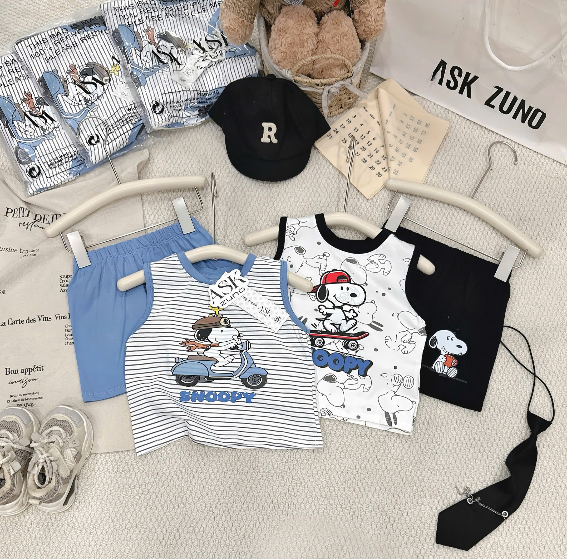 T268 - SET 2 BỘ ĐÙI BÉ TRAI BA LỖ SNOOPY kẻ trắng