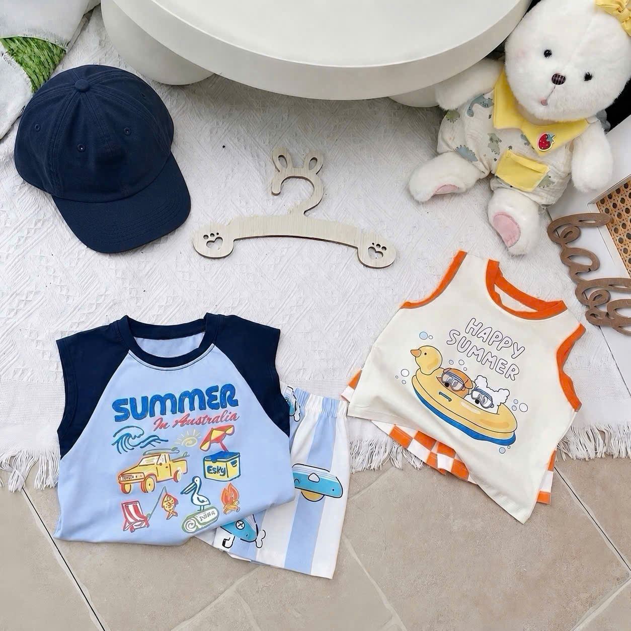 T288 - SET 2 BỘ ĐÙI BÉ TRAI BA LỖ SUMMER xanh cam