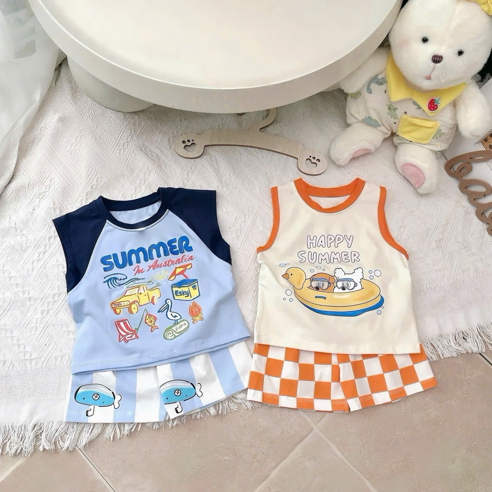 T288 - SET 2 BỘ ĐÙI BÉ TRAI BA LỖ SUMMER xanh cam