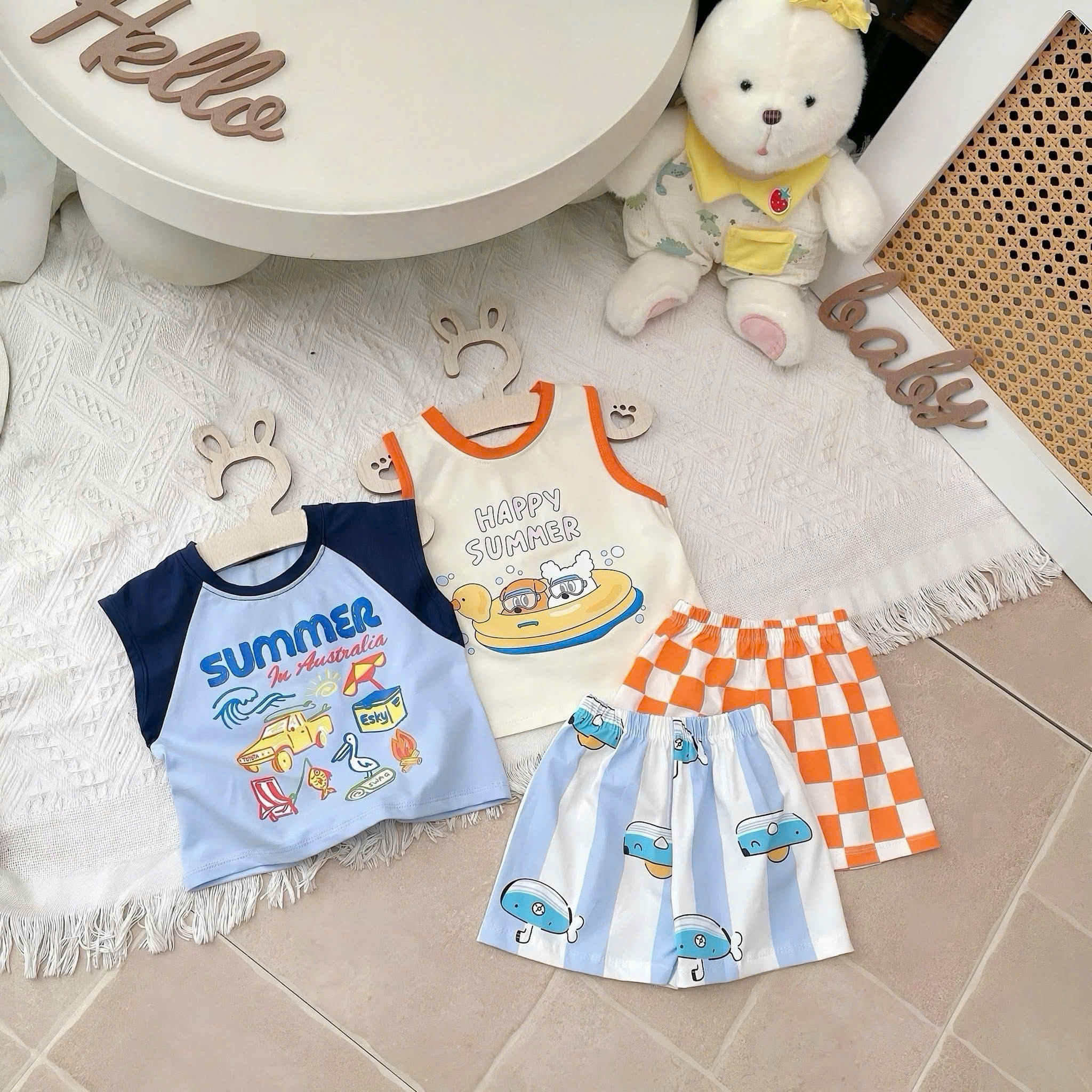 T288 - SET 2 BỘ ĐÙI BÉ TRAI BA LỖ SUMMER xanh cam