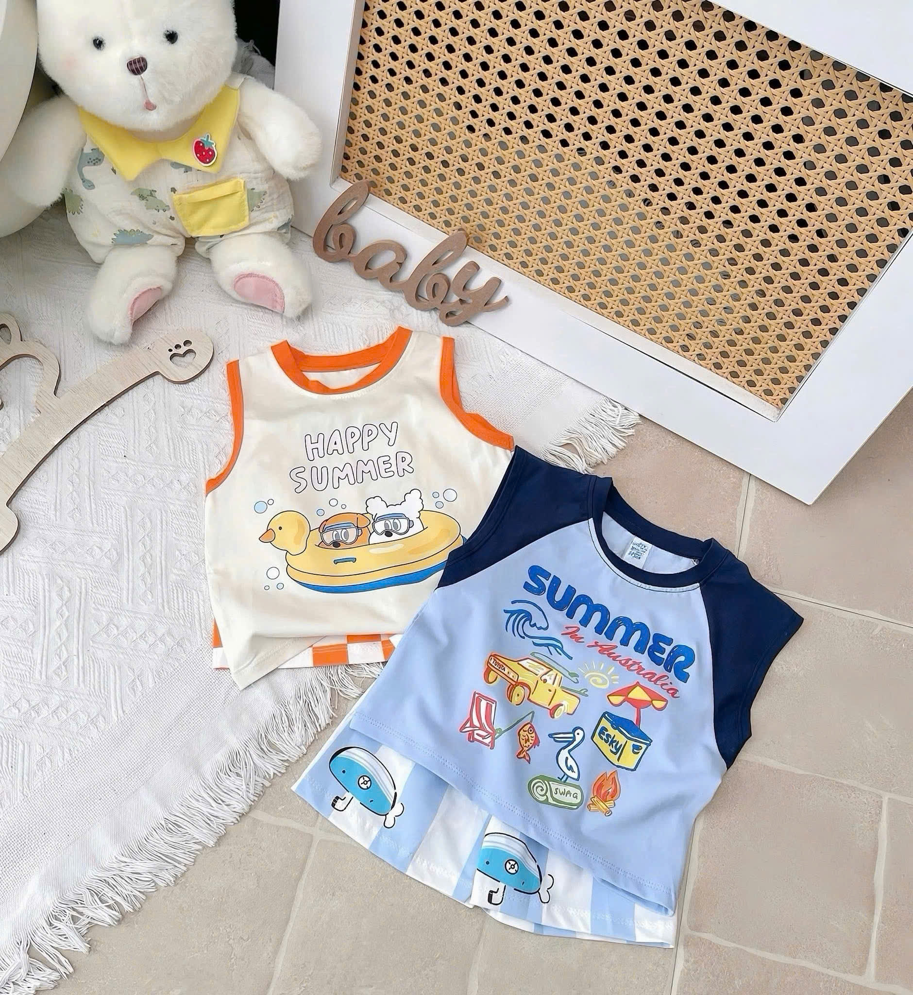 T288 - SET 2 BỘ ĐÙI BÉ TRAI BA LỖ SUMMER xanh cam