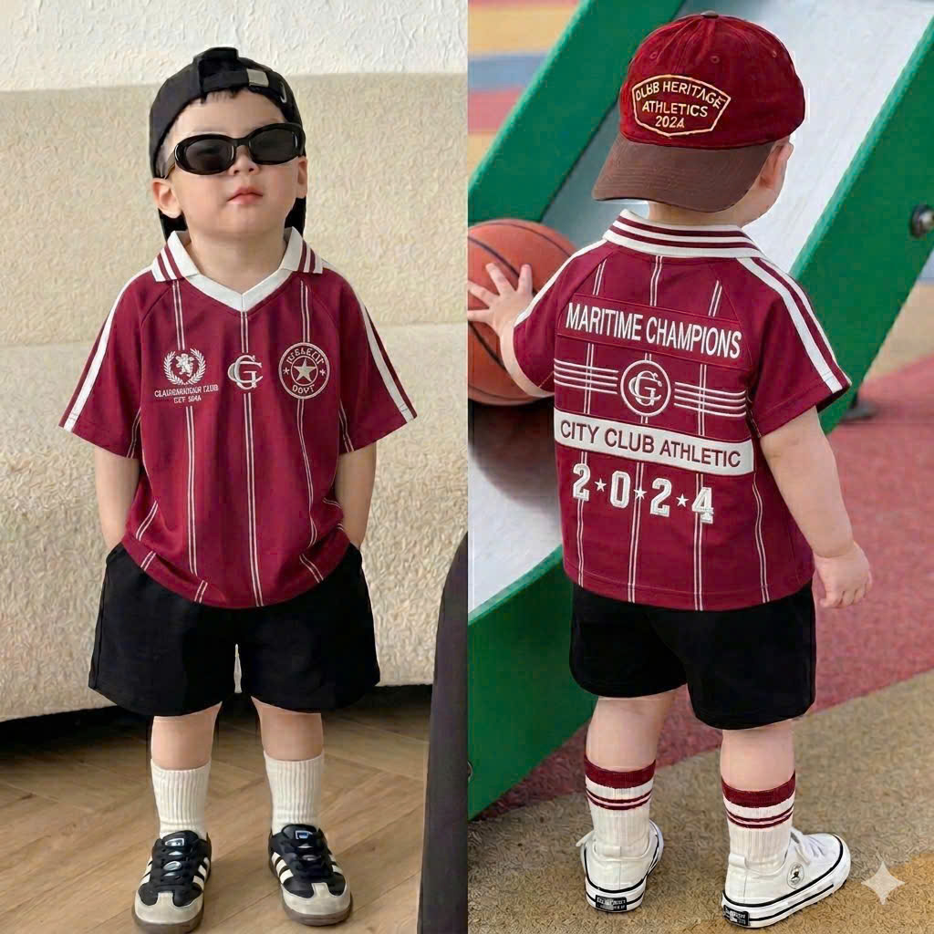T296 - BỘ ĐÙI BÉ TRAI ÁO POLO ĐỎ SỌC HUY HIỆU QUẦN ĐEN KÈM MŨ