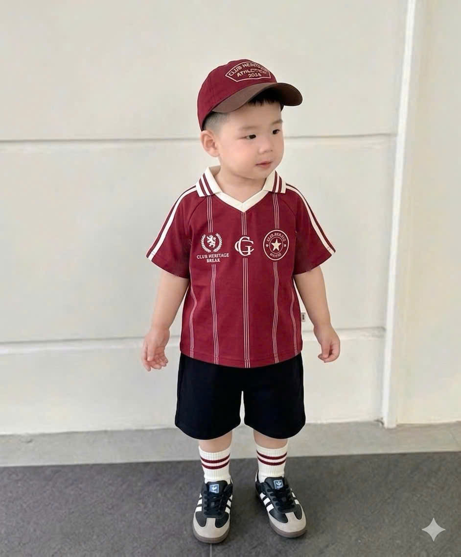 T296 - BỘ ĐÙI BÉ TRAI ÁO POLO ĐỎ SỌC HUY HIỆU QUẦN ĐEN KÈM MŨ