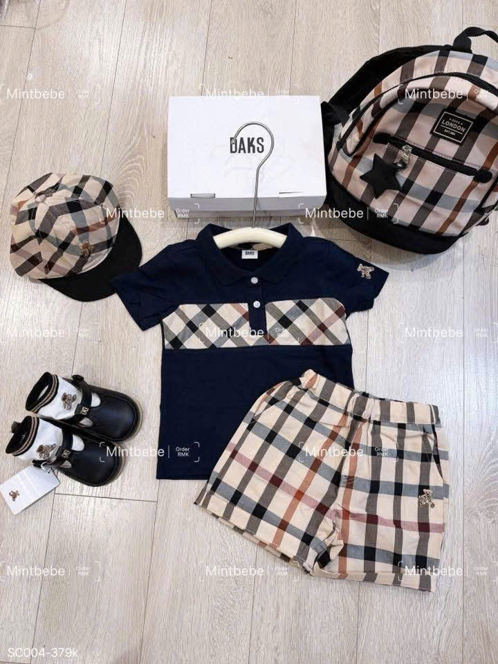 T301 - BỘ ĐÙI BÉ TRAI ÁO POLO THAN PHỐI KẺ CARO KÈM MŨ