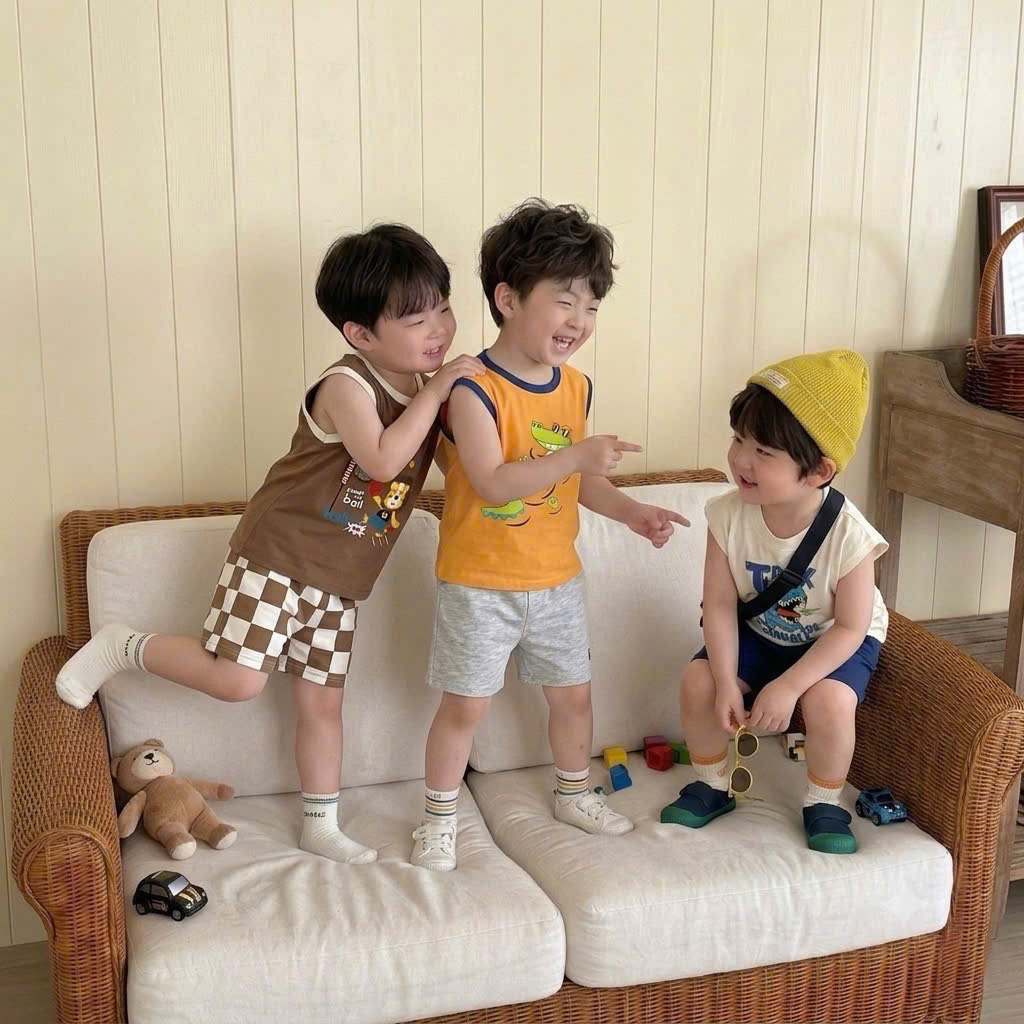 T303 - SET 3 BỘ ĐÙI BÉ TRAI BA LỖ KHỦNG LONG nâu vàng trắng