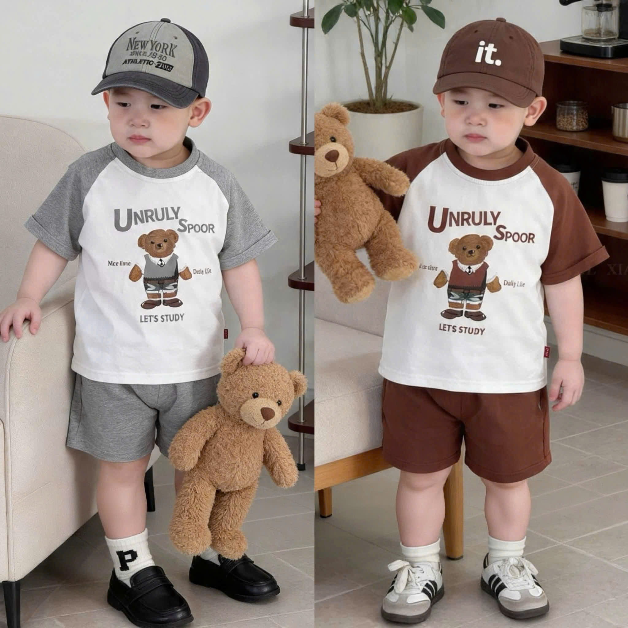 T305 - SET 2 BỘ ĐÙI BÉ TRAI PHỐI TRẮNG GẤU UNRULY nâu xám