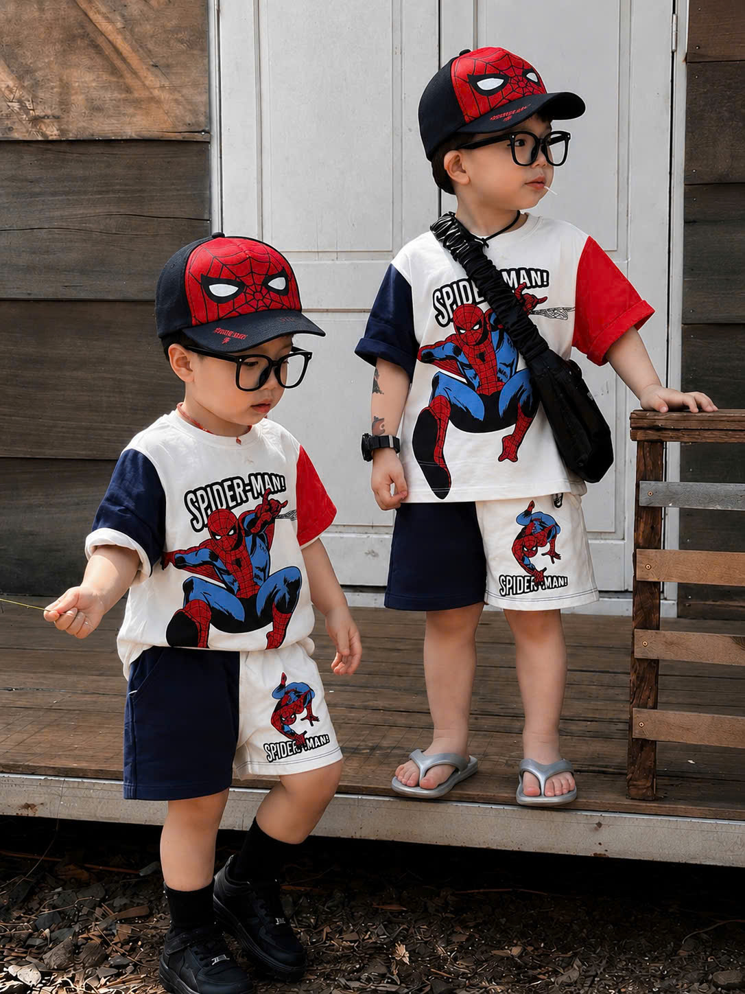 T307 - BỘ ĐÙI BÉ TRAI SPIDERMAN TRẮNG PHỐI TAY ĐỎ THAN KÈM MŨ