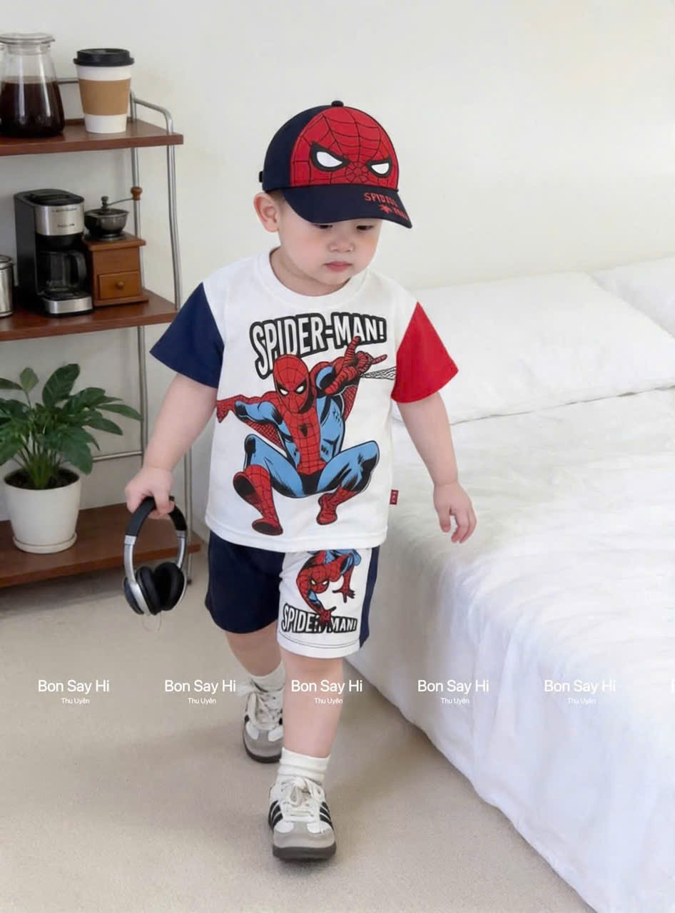 T307 - BỘ ĐÙI BÉ TRAI SPIDERMAN TRẮNG PHỐI TAY ĐỎ THAN KÈM MŨ