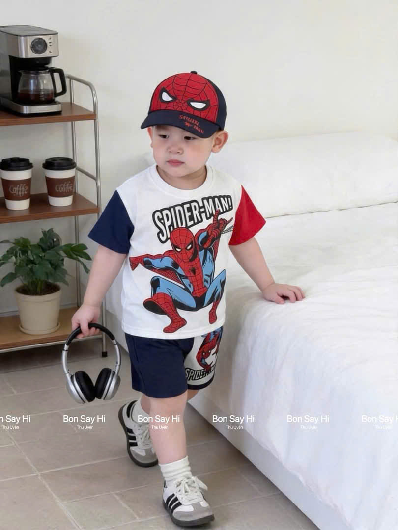 T307 - BỘ ĐÙI BÉ TRAI SPIDERMAN TRẮNG PHỐI TAY ĐỎ THAN KÈM MŨ